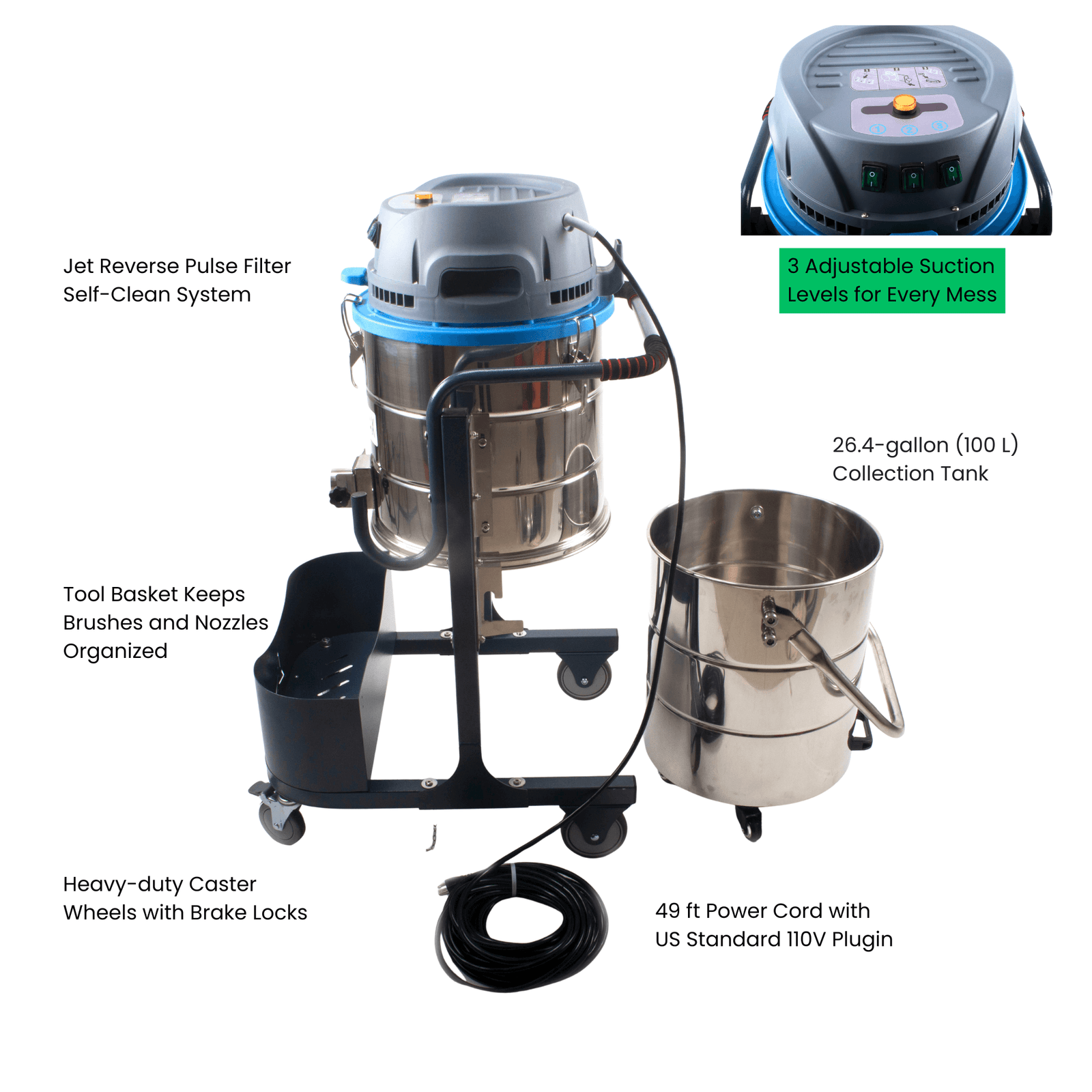 Heavy Duty Industrial Vacuum Cleaner SM100 - 26.4 Gal, 3 Motor HEPA, 212 CFM