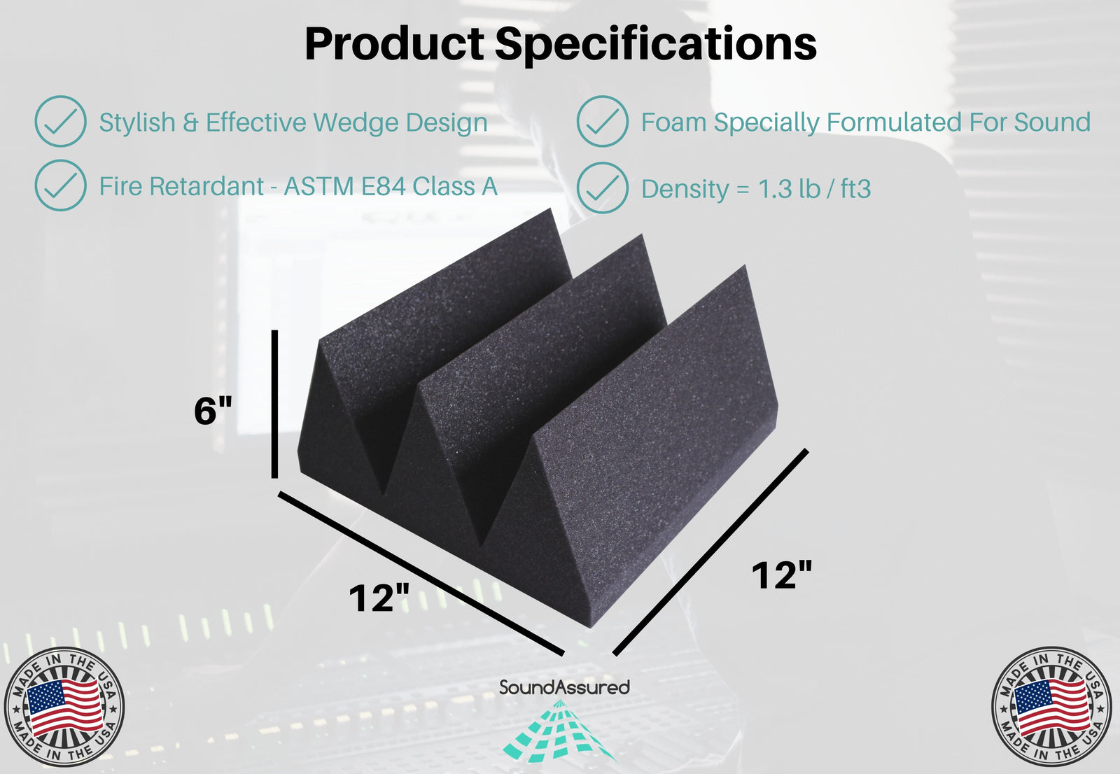 Six Inch Acoustic Foam Wedge Panels - 12x12x6