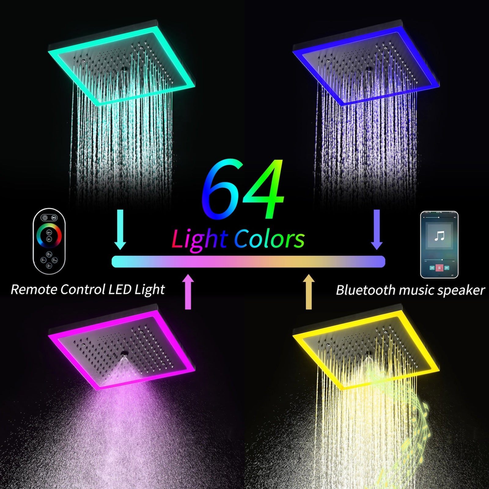 12-Inch Matte Black Flush Mount Shower Faucet Set with Digital Display: 4-Way Thermostatic Control, 64-Color LED Lights, Bluetooth Music, Body Sprayers and Regular Head