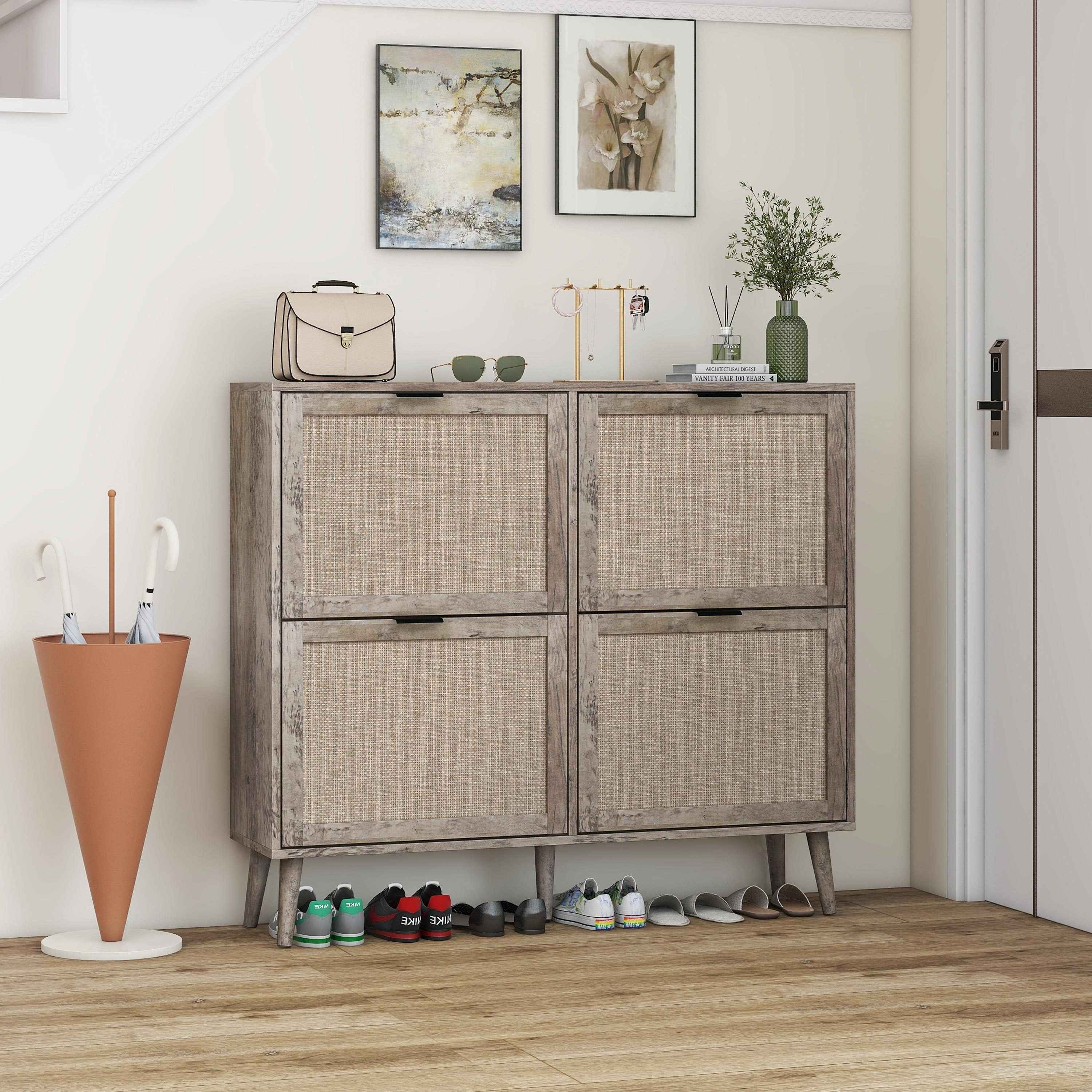 Walker Edison | Modern Rattan 4 Door Shoe Rack Cabinet for Entryway