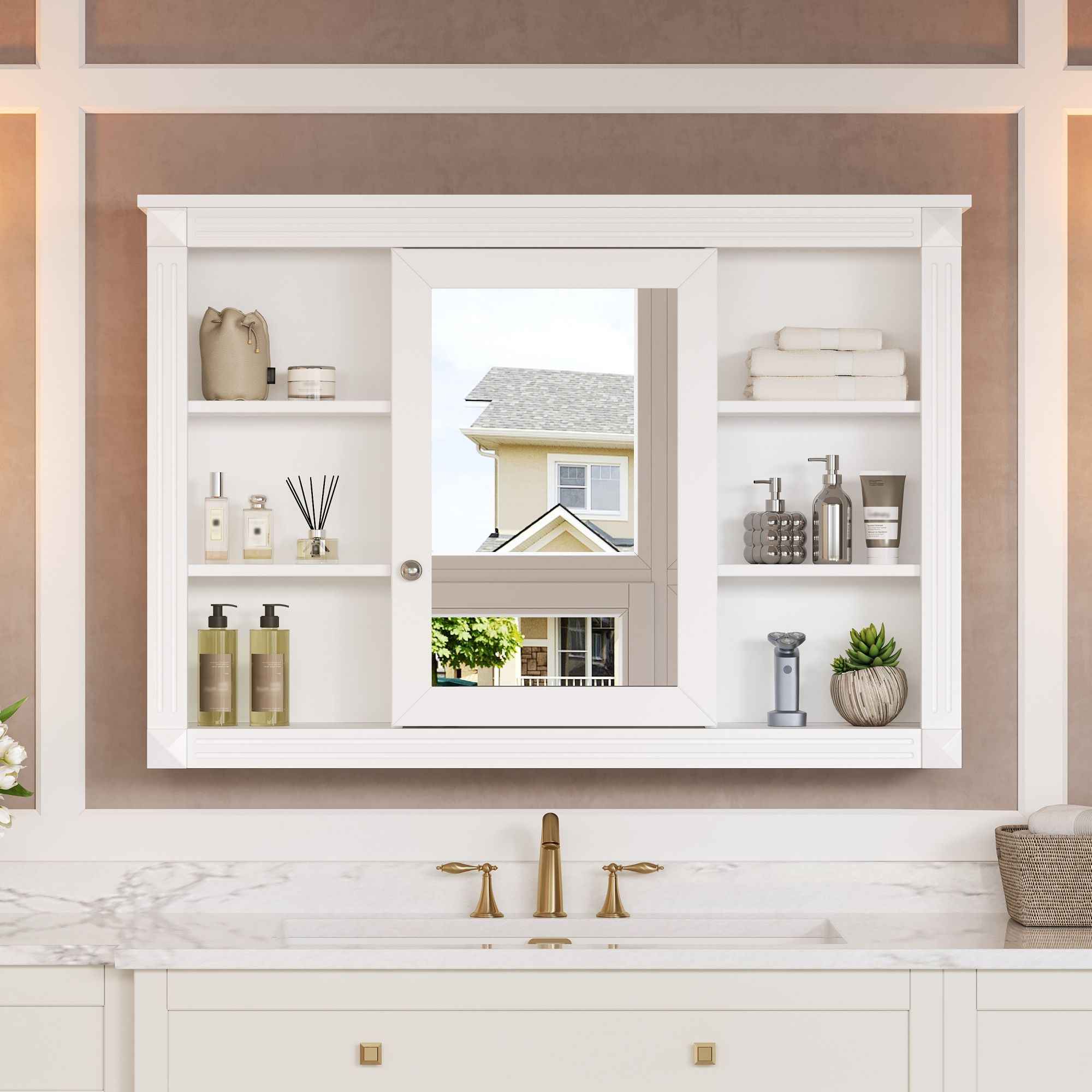 Wall Mounted Bathroom Storage Cabinet With Mirror, Medicine Cabinet With 6 Open Shelves And Adjustable Interior - White