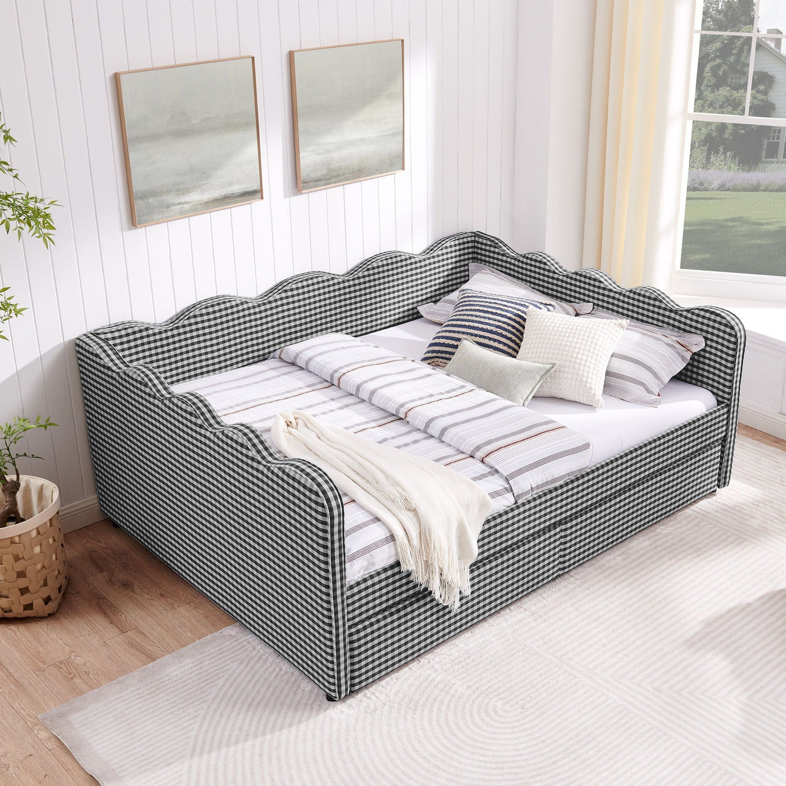Gingham Daybed With USB Charging Port, Wave-Shaped Design