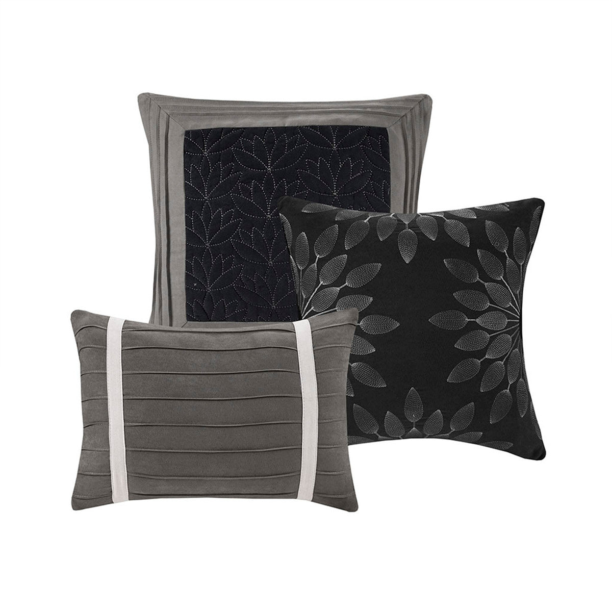 7 Pc Pieced Faux Suede Comforter Set in Black for Queen Beds