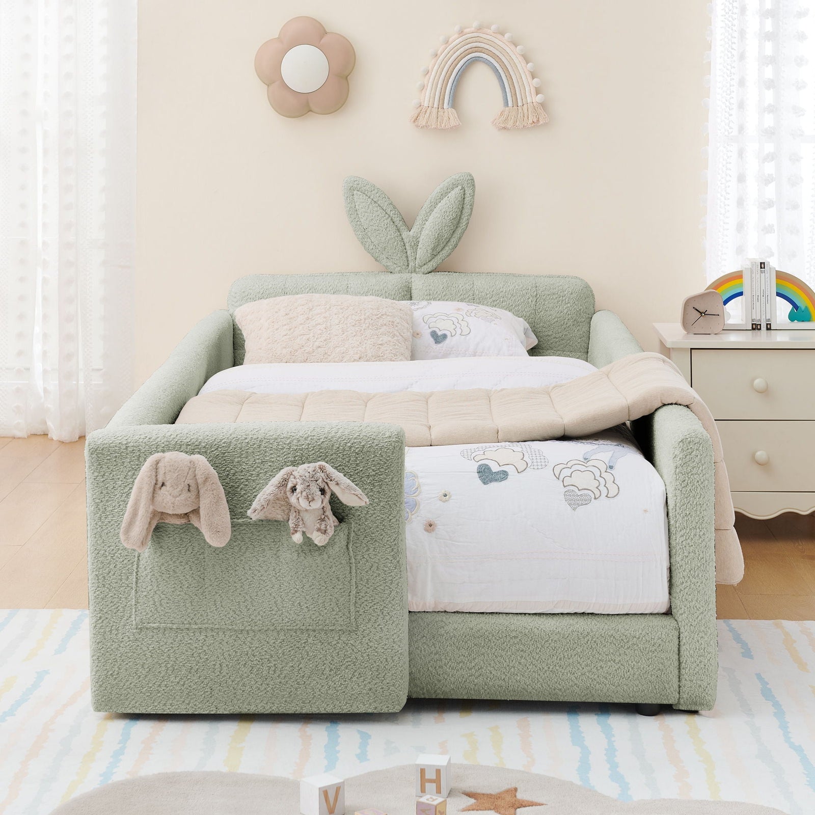 Cute Rabbit Ear Upholstered Platform Bed Frame With Safety Rail