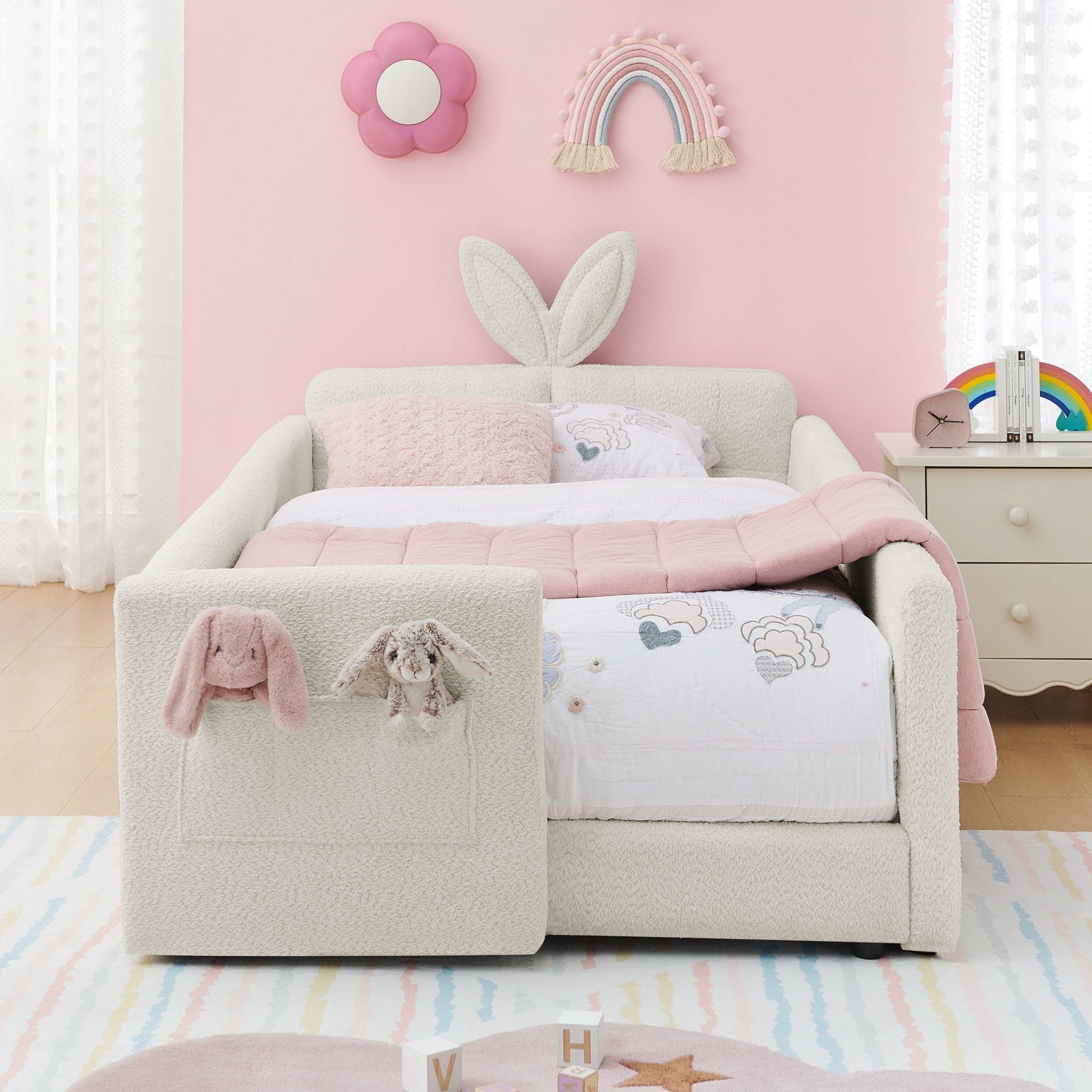 Cute Rabbit Ear Upholstered Platform Bed Frame With Safety Rail