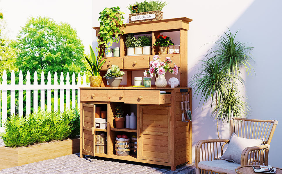 Tall Garden Potting Bench Table with Hutch - Durable Fir Wood