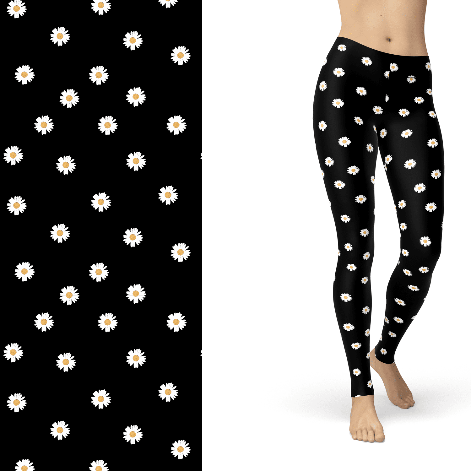 Daisy Flower Leggings Black and White with Left Side Pocket Active