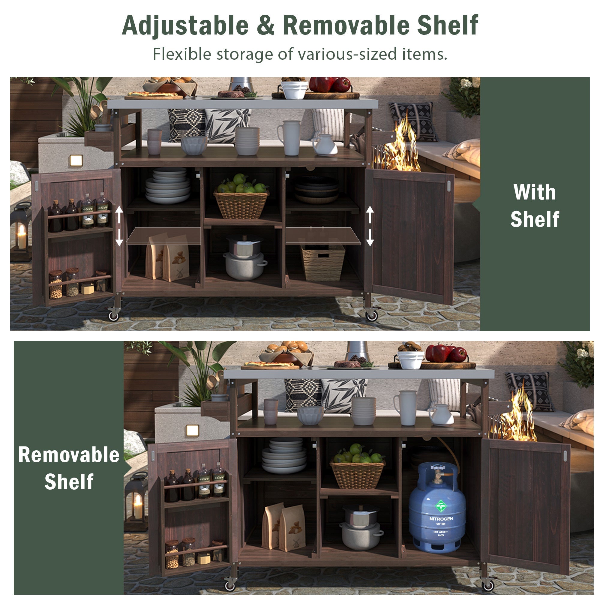 Outdoor Kitchen Island Bar Cart with Stainless Steel Top - Natural Finish