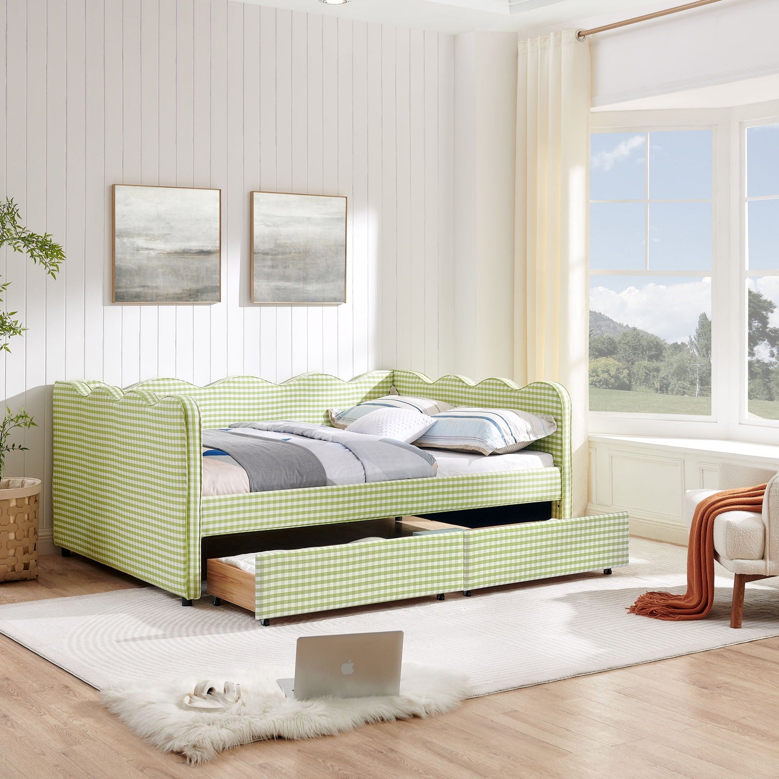 Gingham Daybed With USB Charging Port, Wave-Shaped Design