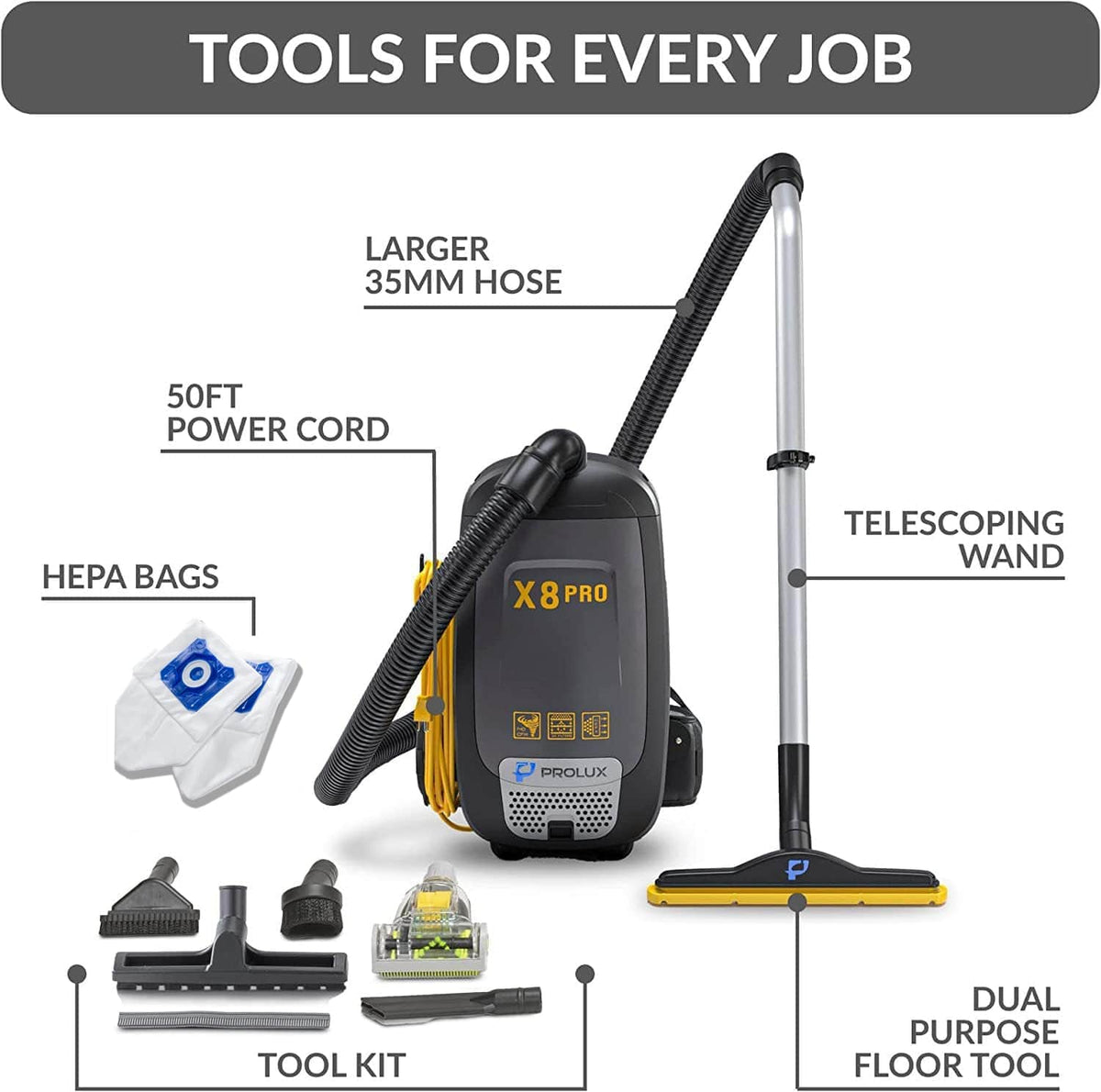 Prolux X8 Pro Commercial Backpack Vacuum w/ Deluxe 1 1/2