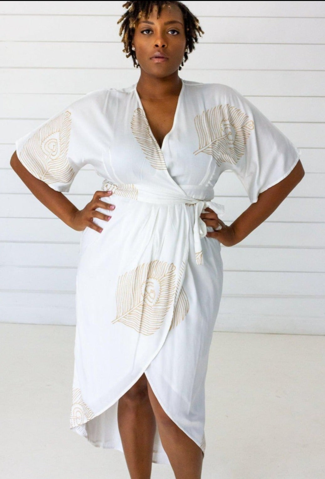 Peacock Maxi Wrap Dress in White + Gold