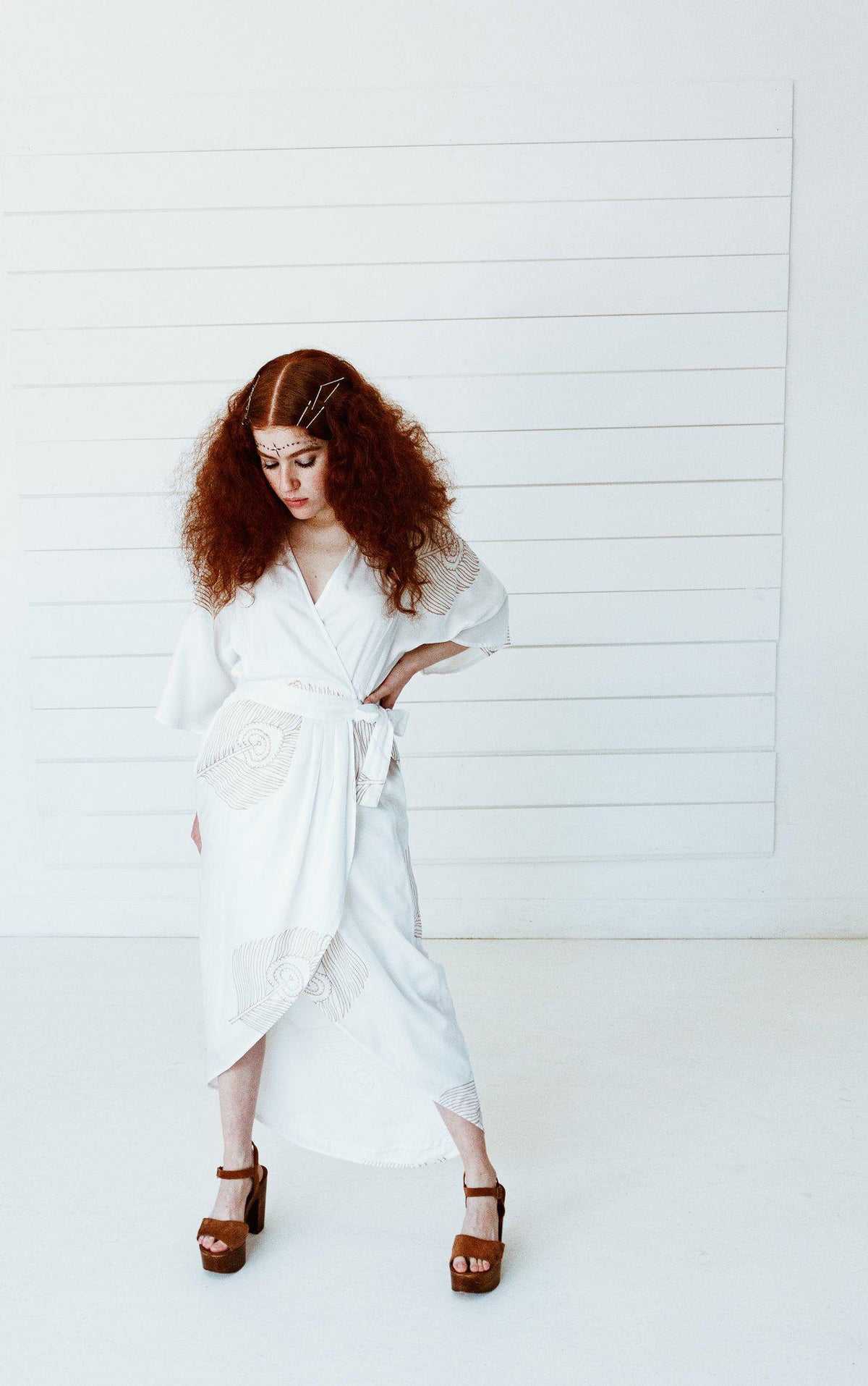 Peacock Maxi Wrap Dress in White + Gold