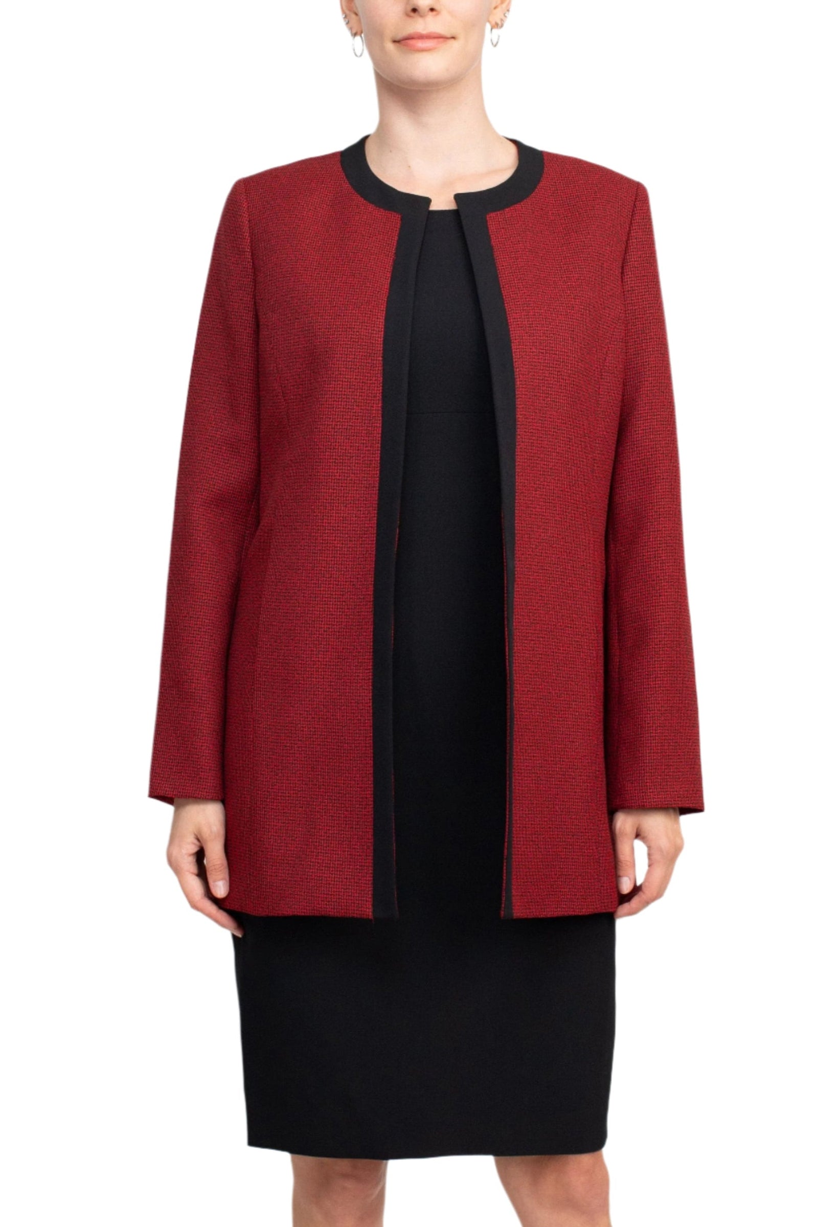 Le Suit Scoop Neck Sleeveless Zipper Back Slit Back Dress with Crew Neck Slit Cuff Banded Pockets Jacket (Two Piece Set)