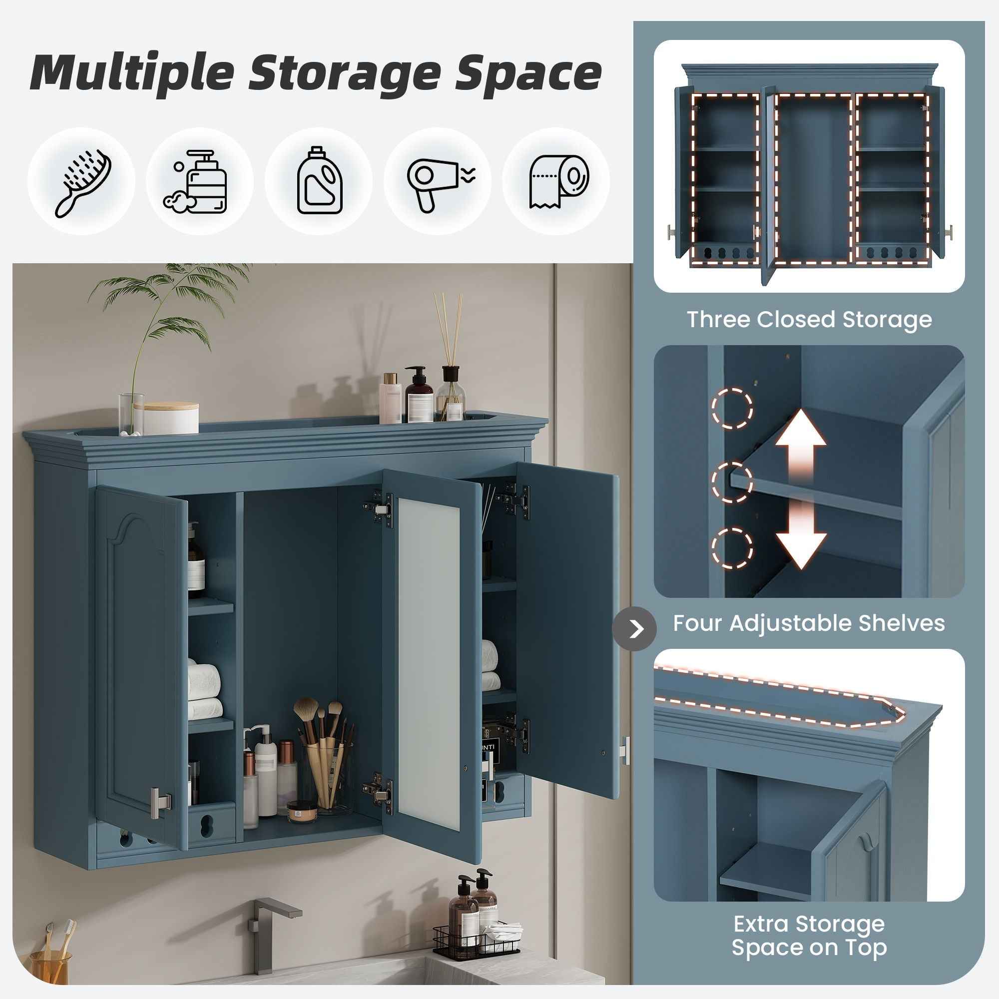 Wall Mount Mirror Cabinet With Adjustable Shelves, Soft Closing Hinges