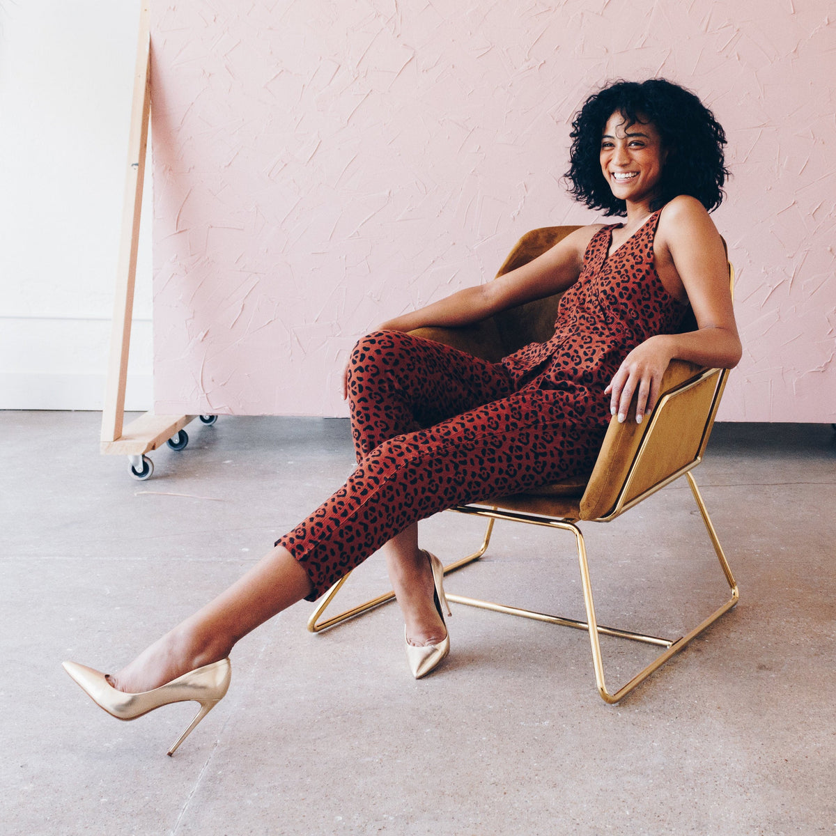 Leopard Strappy Jumpsuit in Sienna + Black