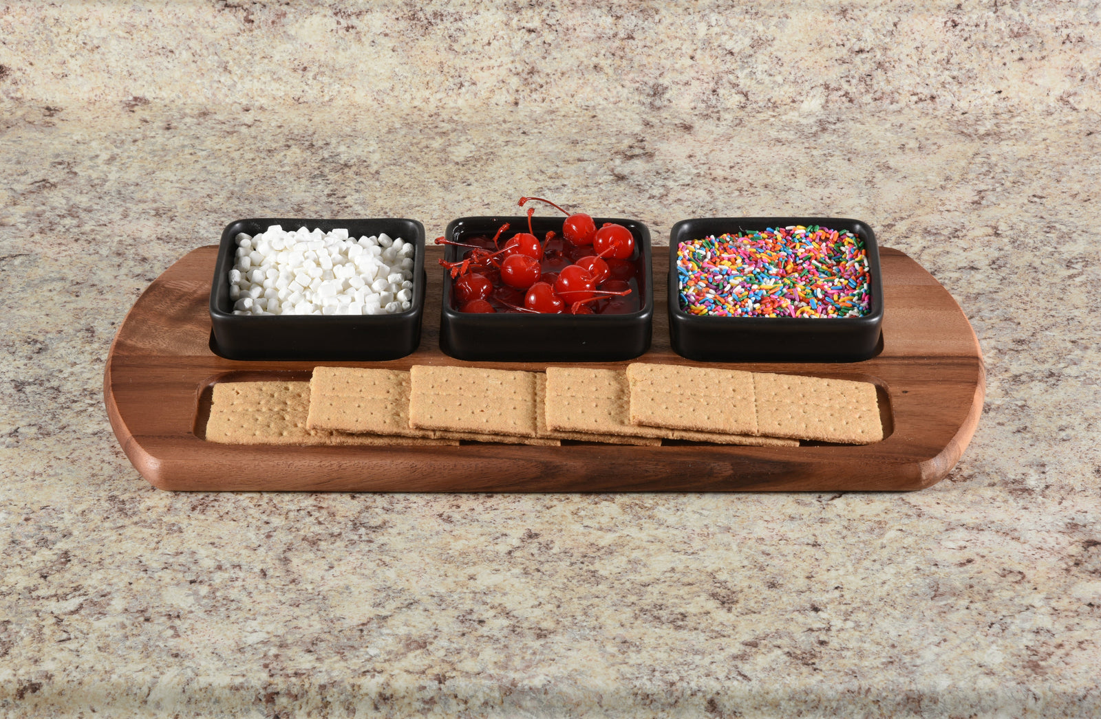 Charcuterie/ Serving Tray w/ 3  black square ceramic bowls