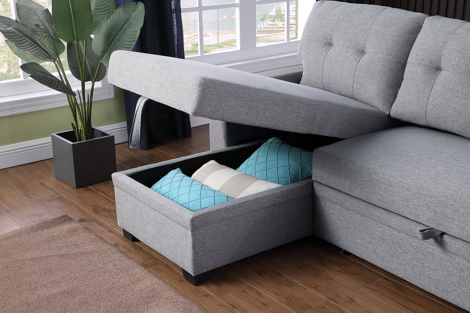 Walker Edison | Linen Pull Out Sectional Sofa with Storage Chaise