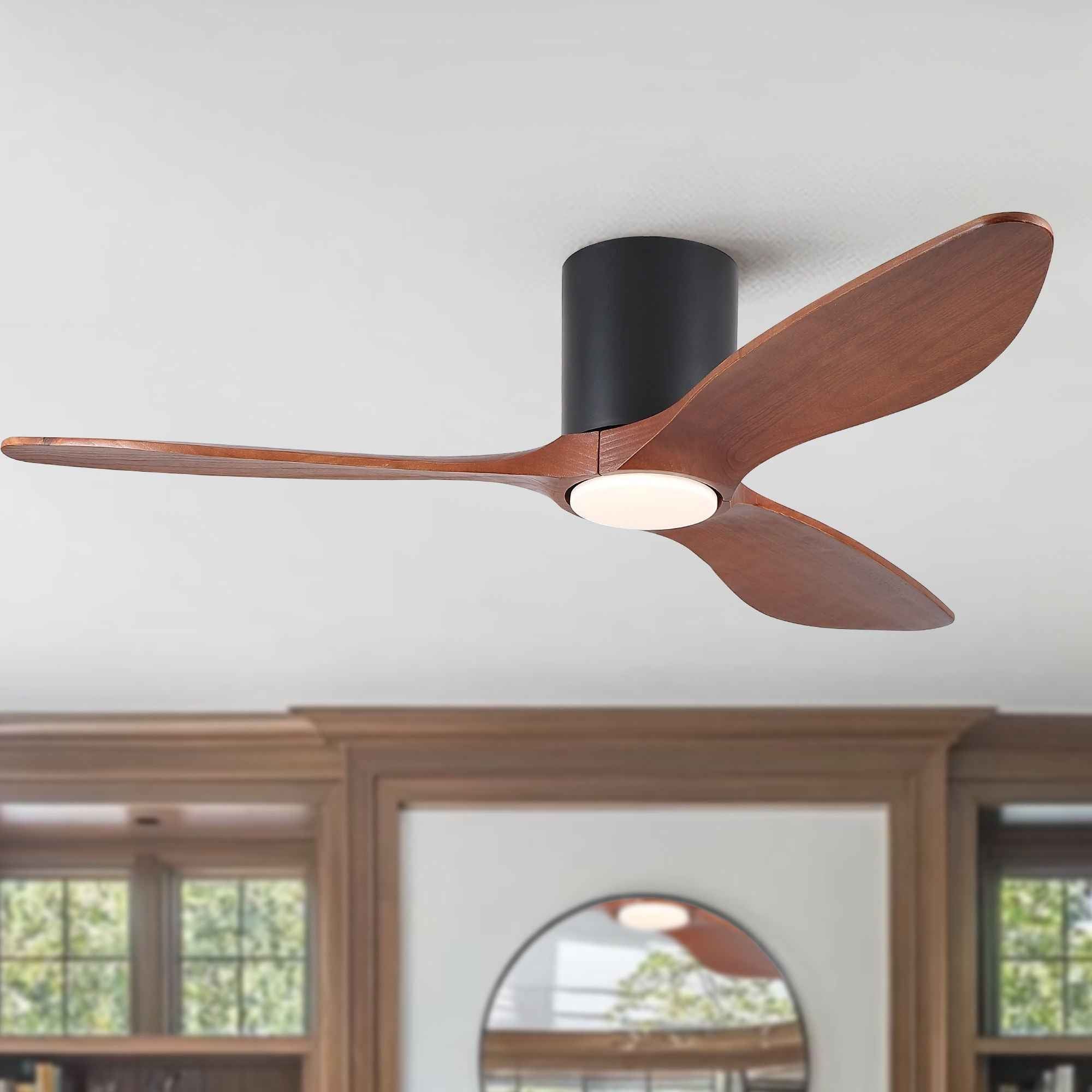 Low Profile Flush Mount Ceiling Fan With Light And Reversible Quiet Motor - Matte Black