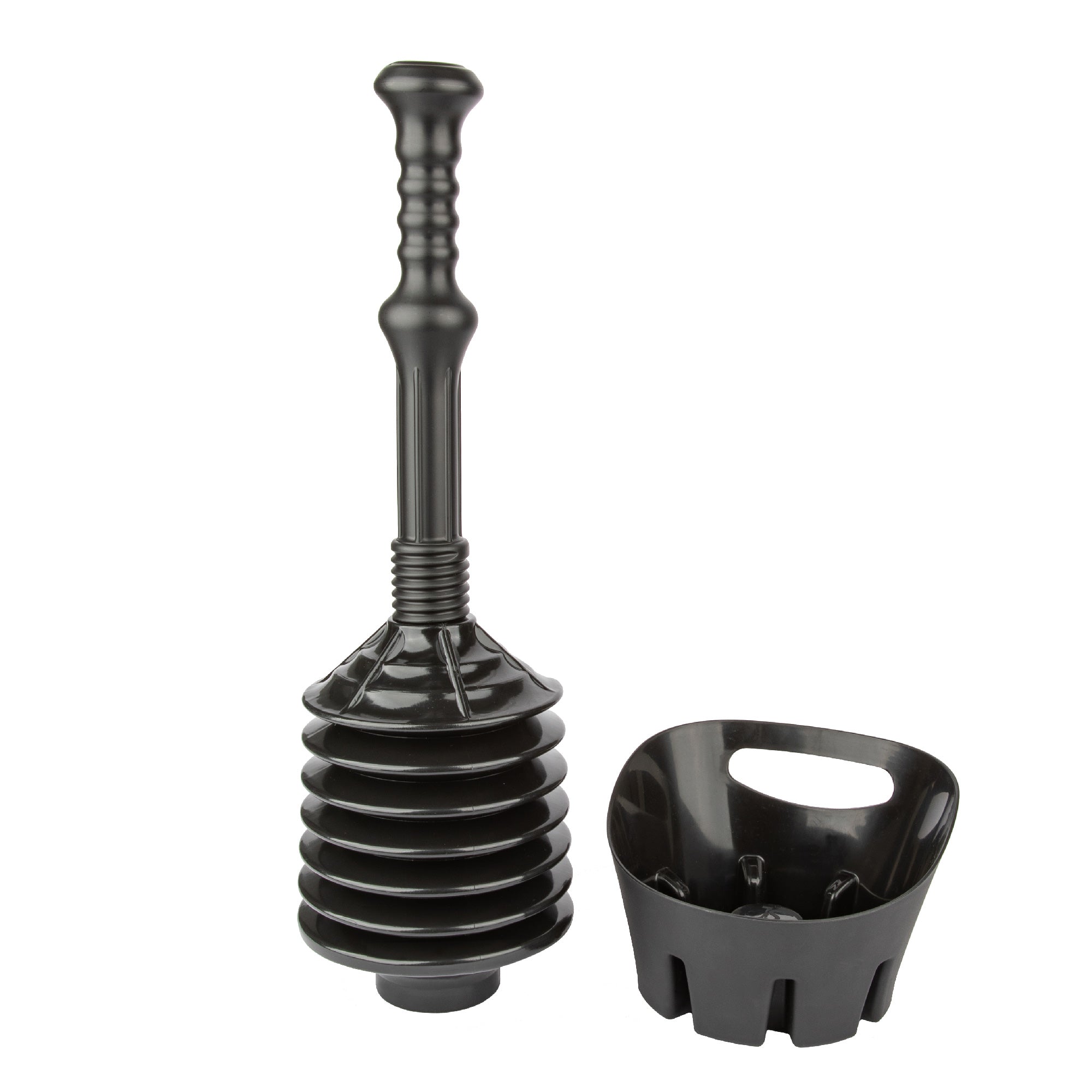 Antimicrobial Bellows Accordion Toilet Plunger with Black Storage Tray (Black)