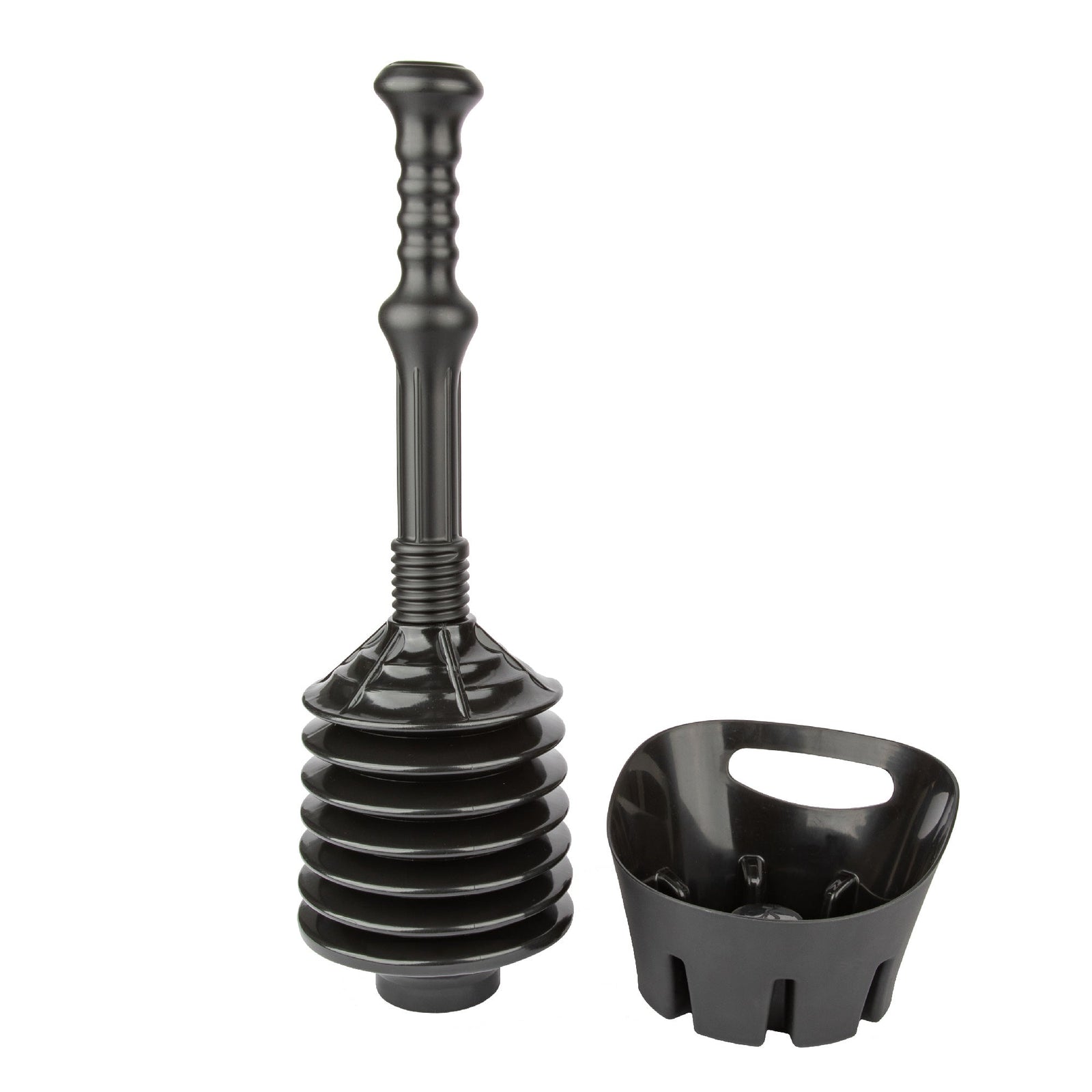 Antimicrobial Bellows Accordion Toilet Plunger with Black Storage Tray (Black)