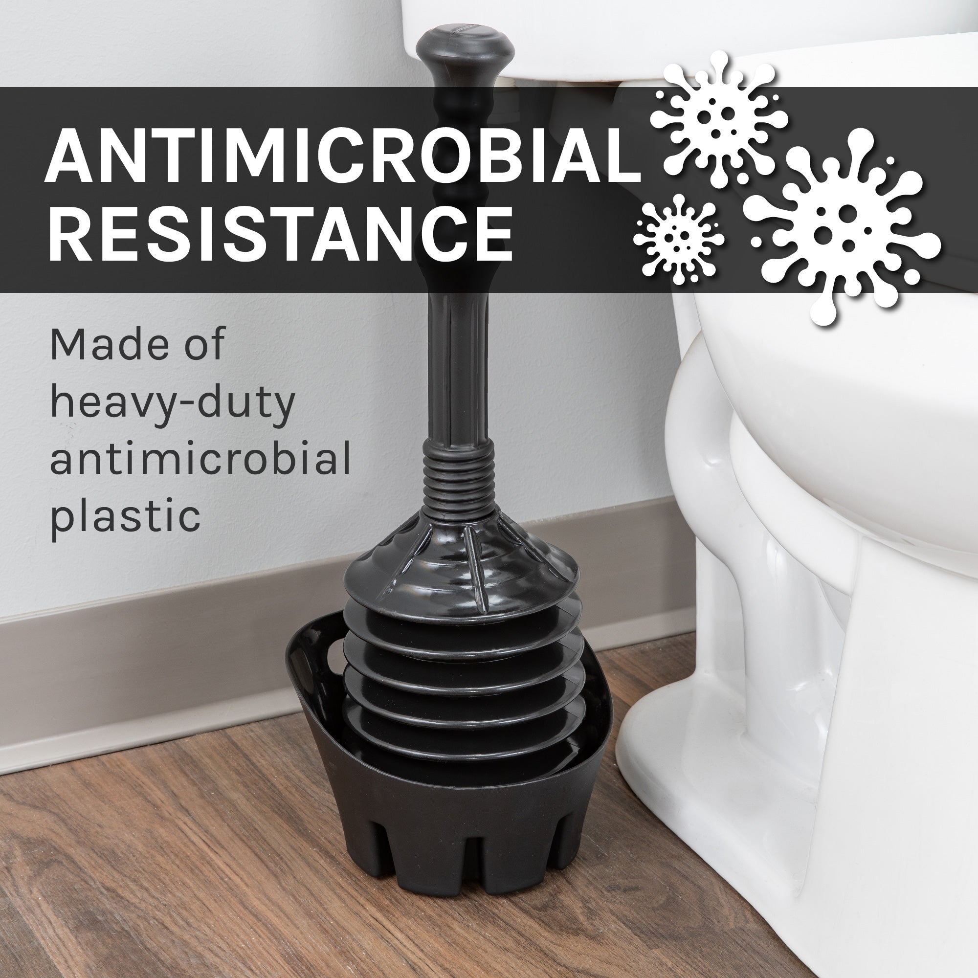 Antimicrobial Bellows Accordion Toilet Plunger with Black Storage Tray (Black)