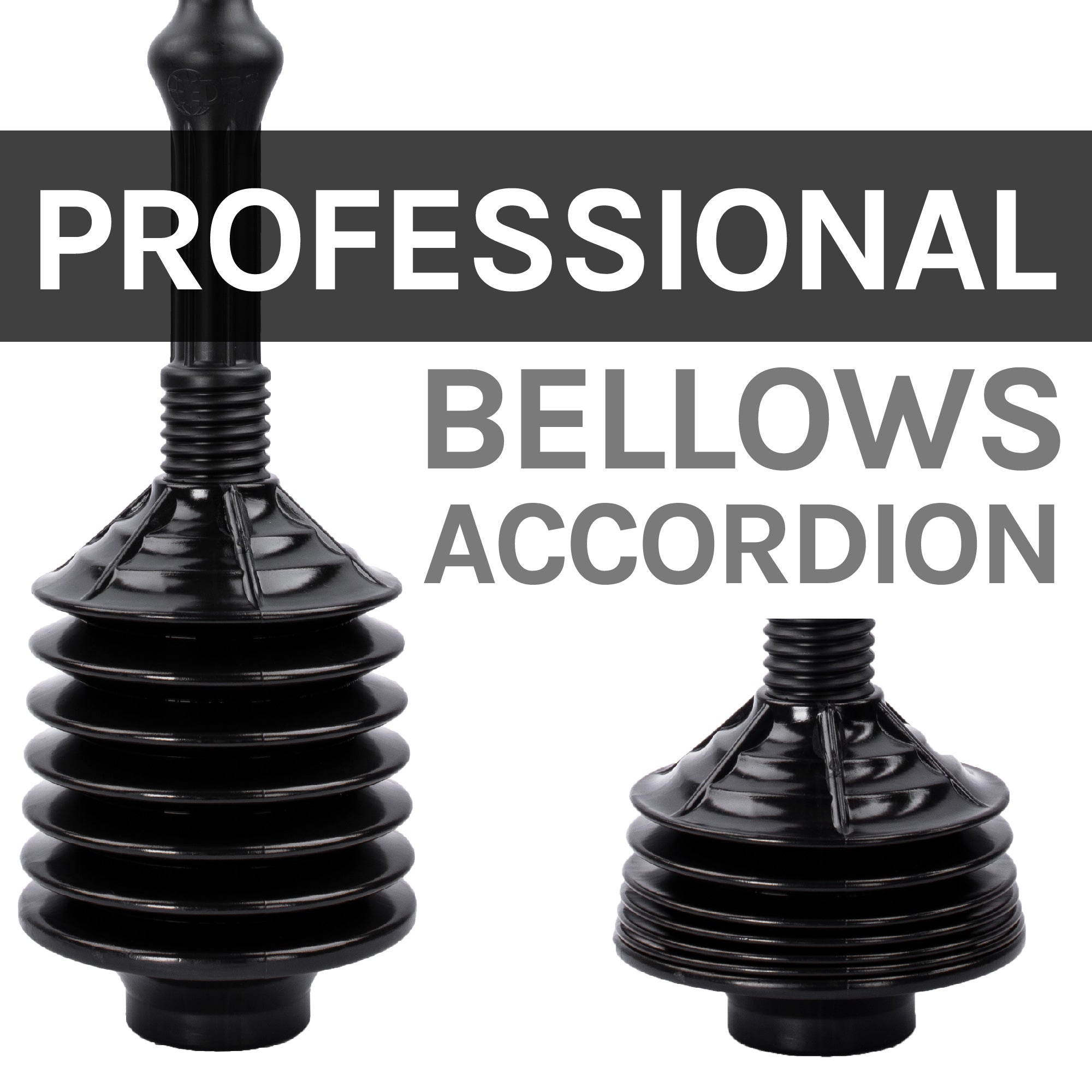 Antimicrobial Bellows Accordion Toilet Plunger with Black Storage Tray (Black)