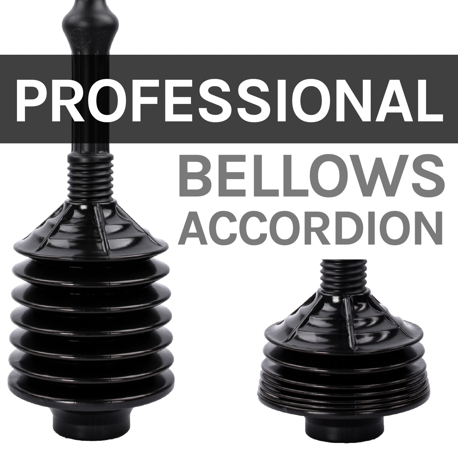 Antimicrobial Bellows Accordion Toilet Plunger with Black Storage Tray (Black)