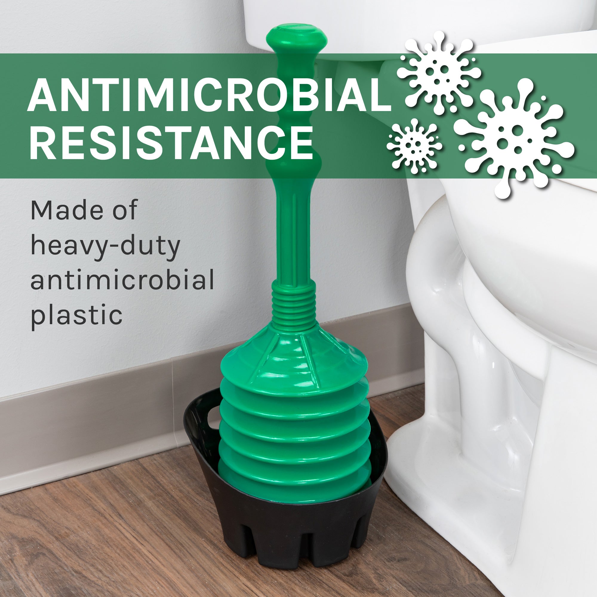 Antimicrobial Bellows Accordion Toilet Plunger with Black Storage Tray (Green)