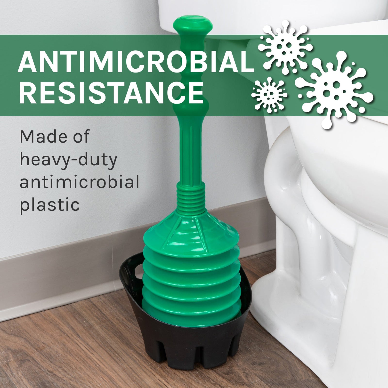 Antimicrobial Bellows Accordion Toilet Plunger with Black Storage Tray (Green)