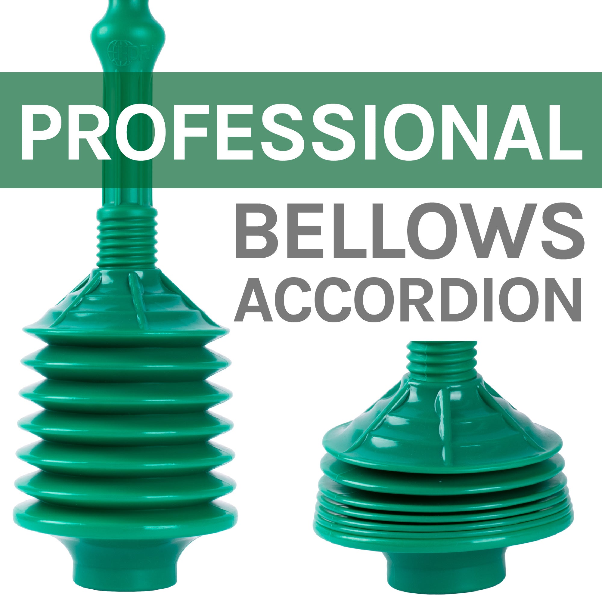 Antimicrobial Bellows Accordion Toilet Plunger with Black Storage Tray (Green)