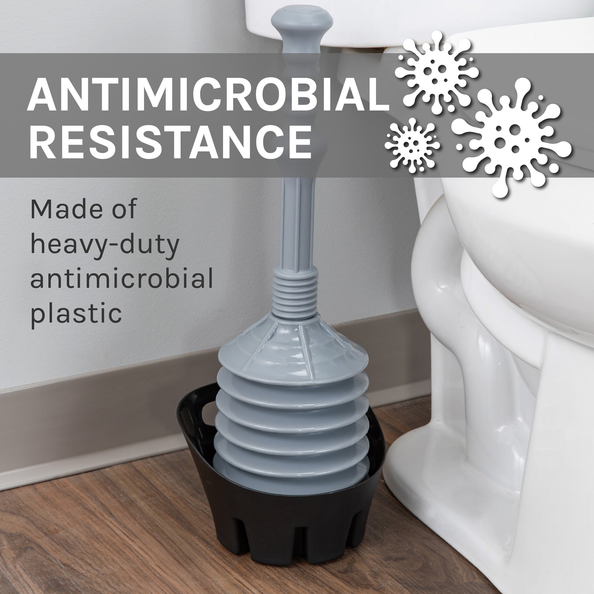 Antimicrobial Bellows Accordion Toilet Plunger with Black Storage Tray (Grey)