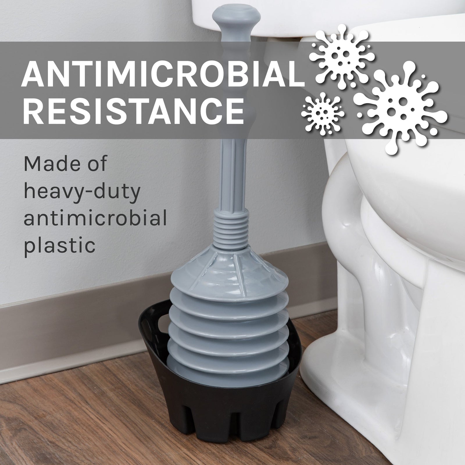 Antimicrobial Bellows Accordion Toilet Plunger with Black Storage Tray (Grey)