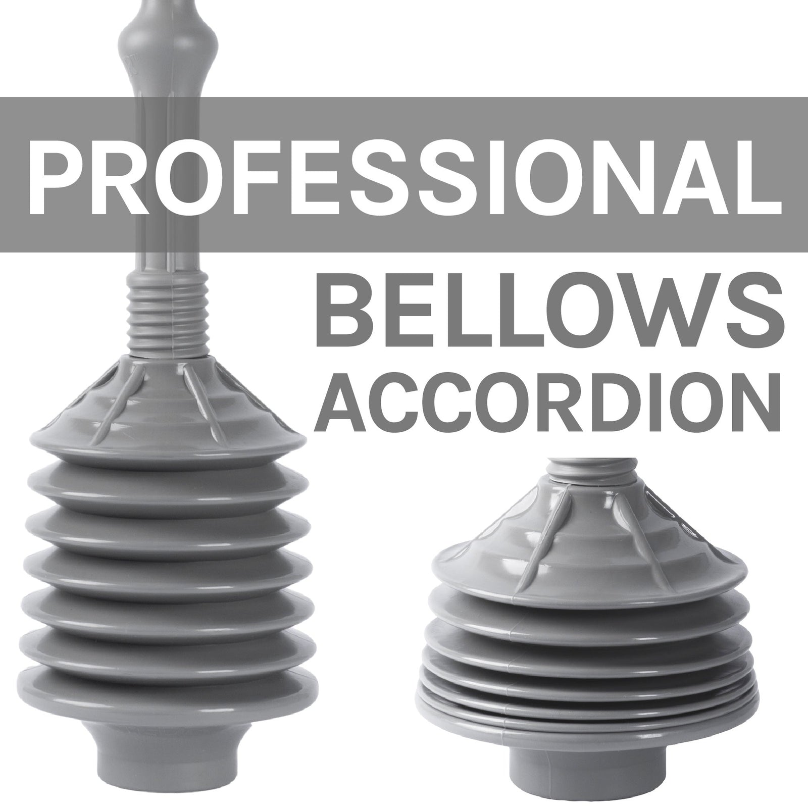 Antimicrobial Bellows Accordion Toilet Plunger with Black Storage Tray (Grey)