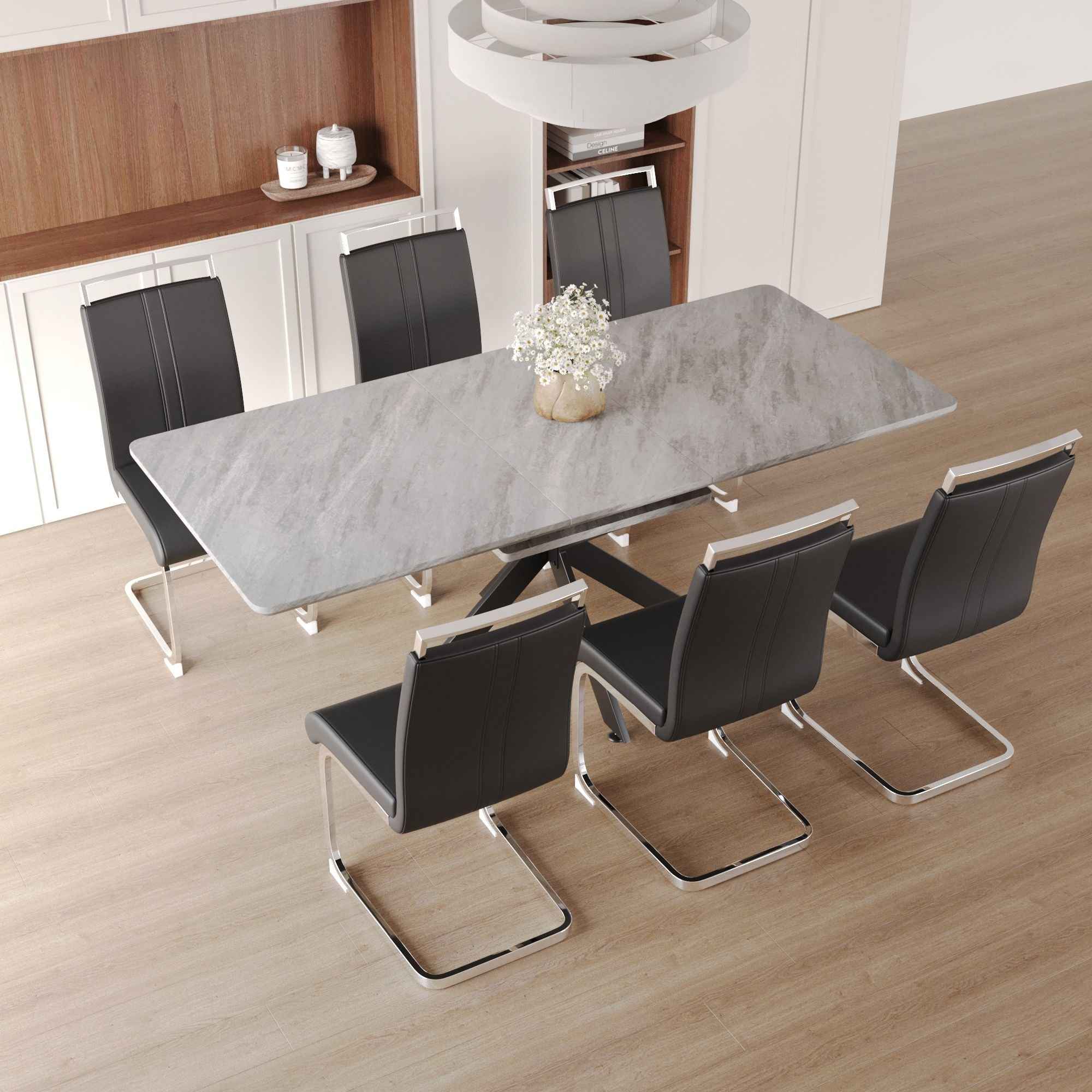 Modern Extendable Dining Table Set For 6 - 8 - Black / Gray