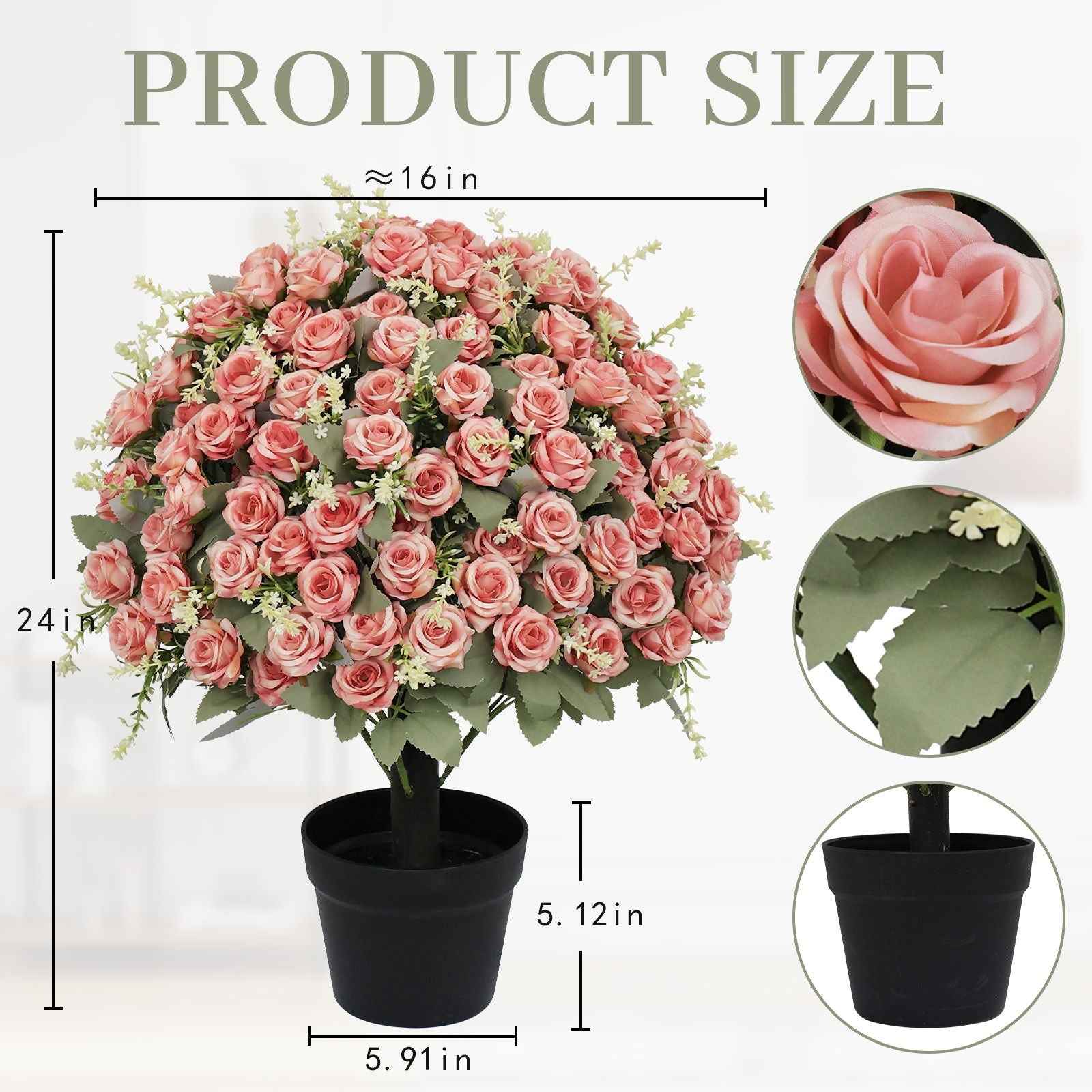 Artificial Rose Decoration With UV Resistant Silk Petals, Durable Stems In Cement Pot, Indoor Outdoor Potted Floral Arrangement - Green / Pink