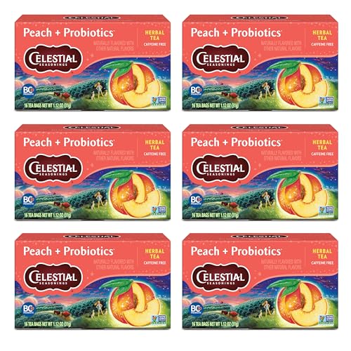 Celestial Seasonings - Peach Probiotics Herb Tea, 16 Bags (Pack of 6) - Gluten-Free, Dairy-Free