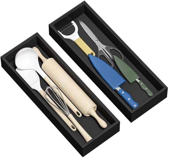 Kitchen Drawer Organizer Tray, Stackable Black Bamboo Drawer Organizer for Large Silverware, Utensils, Cutlery, Flatware, Junk, Dresser, Bathroom, 17