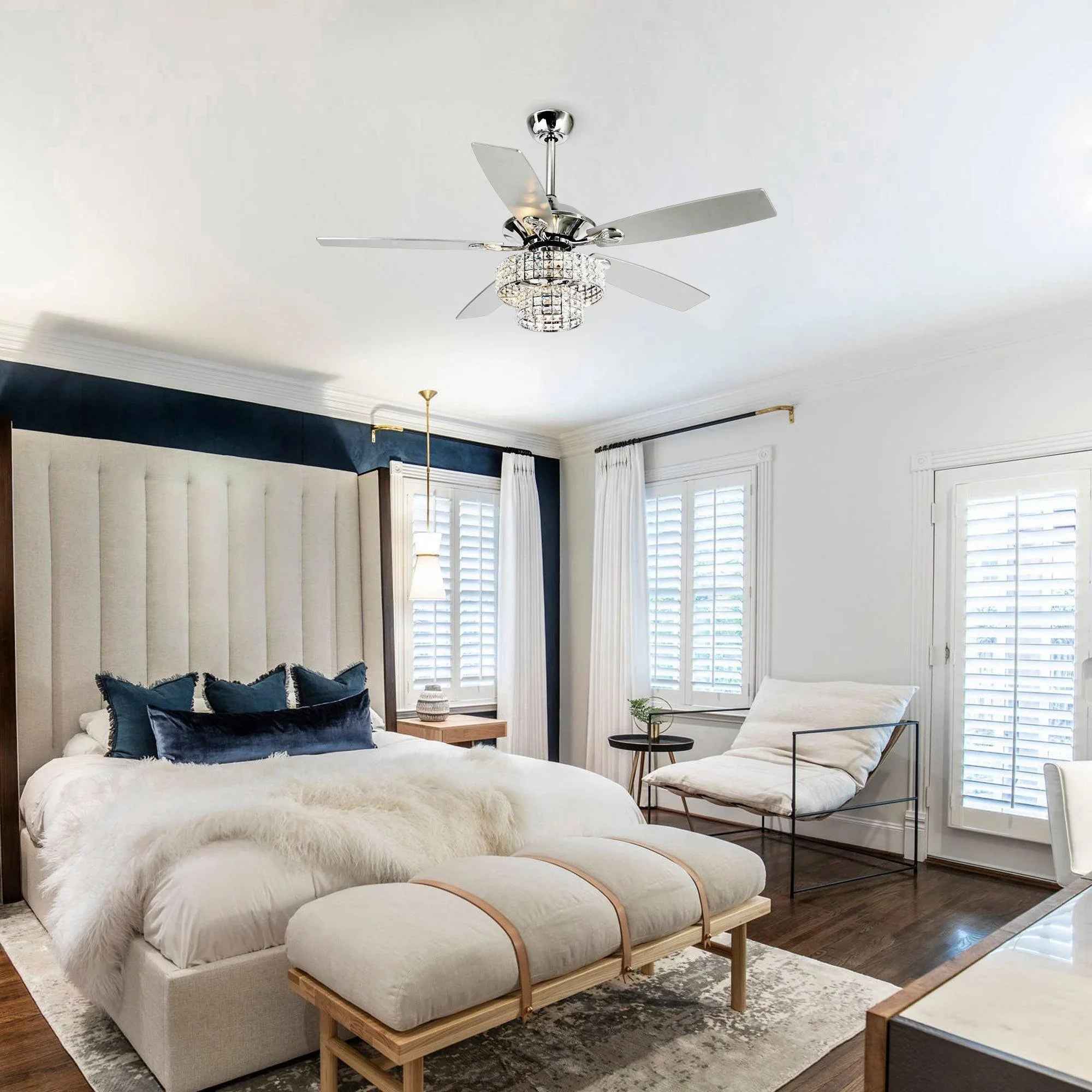 52" Nowthen Modern Crystal Chandelier Ceiling Fan with Led Light and Remote Control 5 Blades Chrome