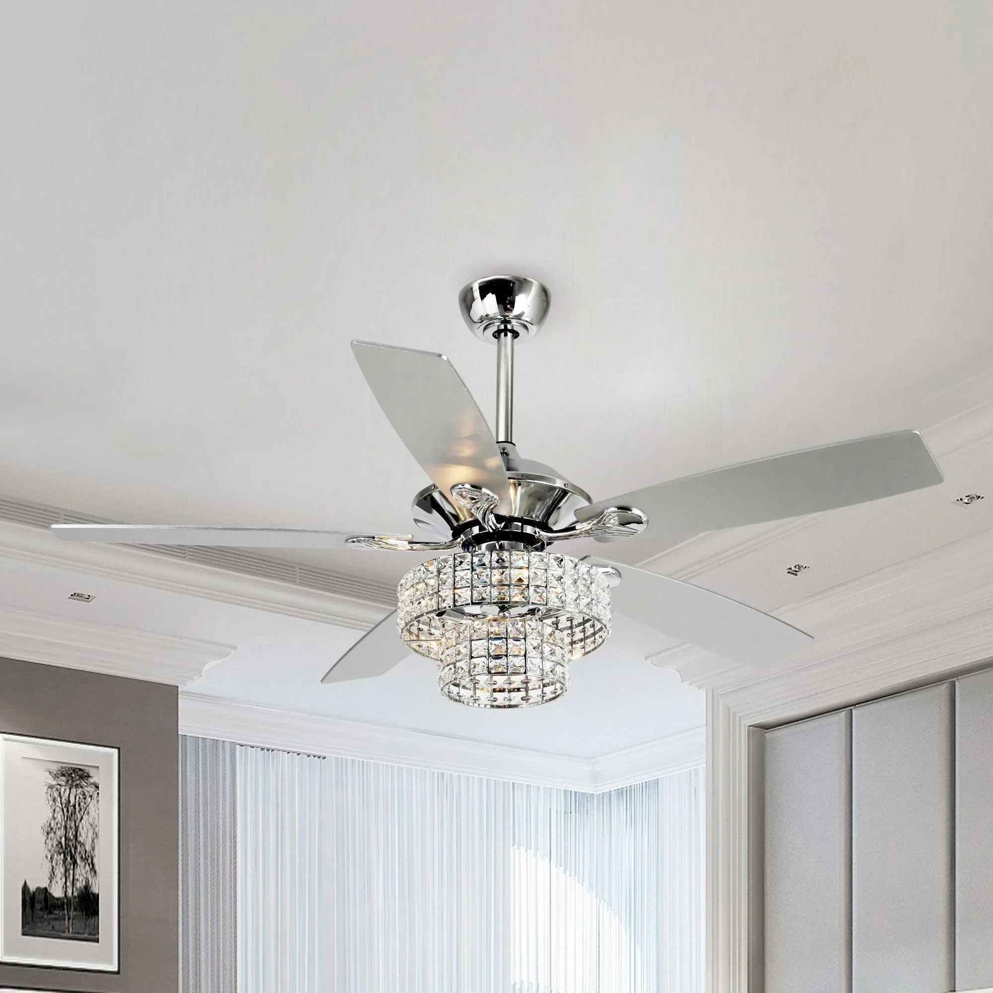 52" Nowthen Modern Crystal Chandelier Ceiling Fan with Led Light and Remote Control 5 Blades Chrome