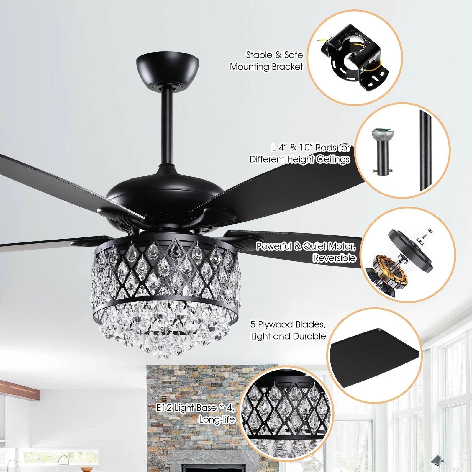 52” Wethington Modern Crystal Chandelier Ceiling Fan with Light And Remote Control Black