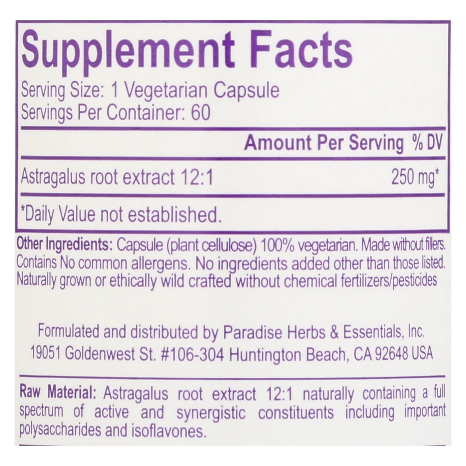 Paradise Herbs Astragalus Vegetarian Capsules, Pack of 60
