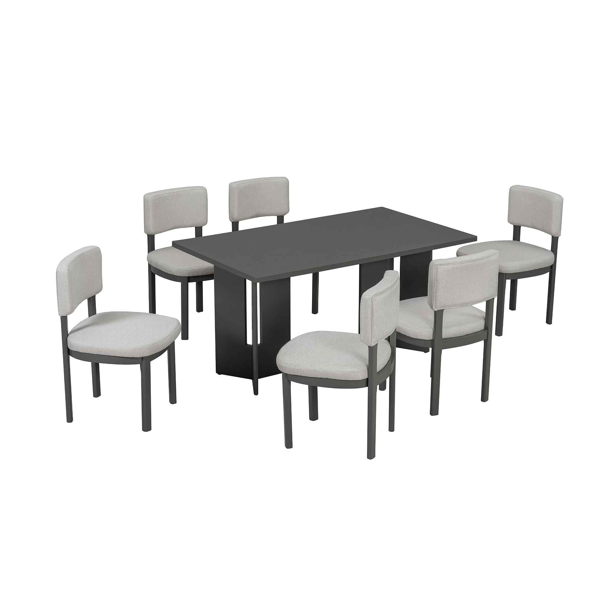 Dining Table Set With 6 Upholstered Chairs, Rectangular Table With Cutout Legs