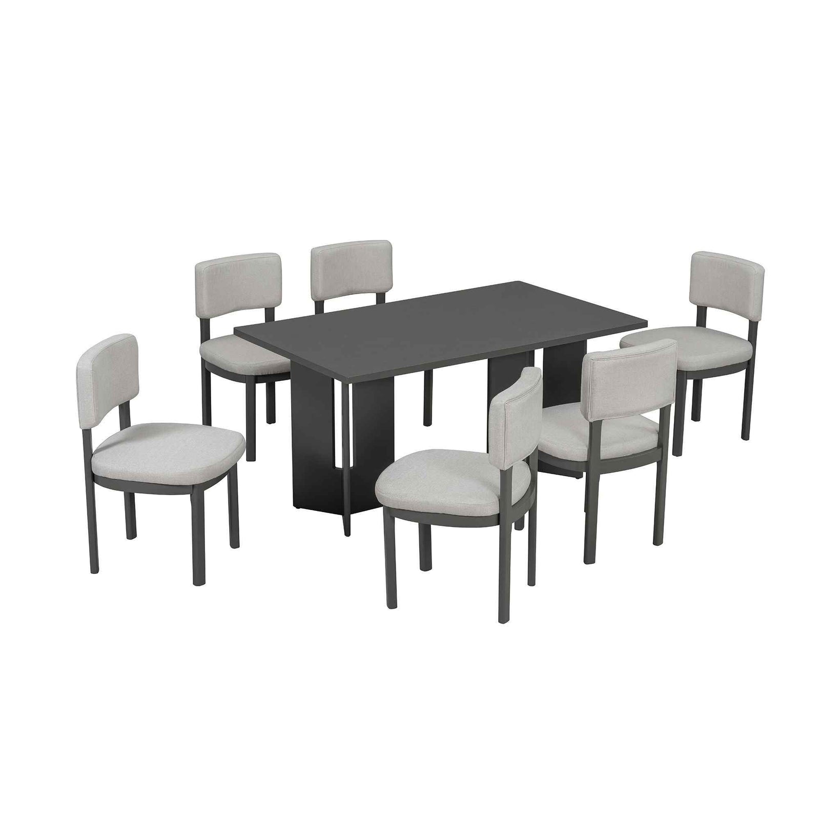 Dining Table Set With 6 Upholstered Chairs, Rectangular Table With Cutout Legs