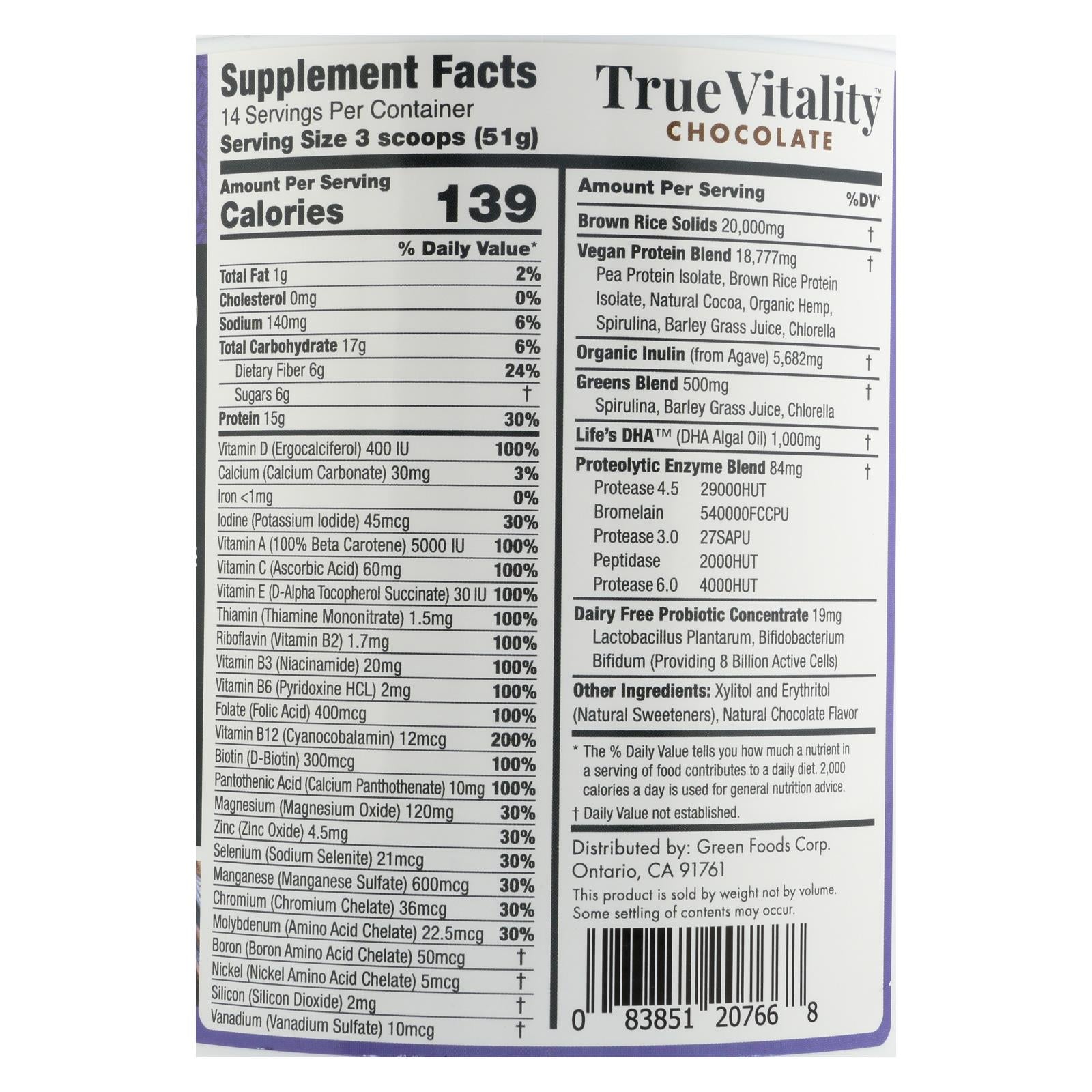 Green Foods True Vowelity Plant Protein Shake with DHA Chocolate - 25.2 Oz