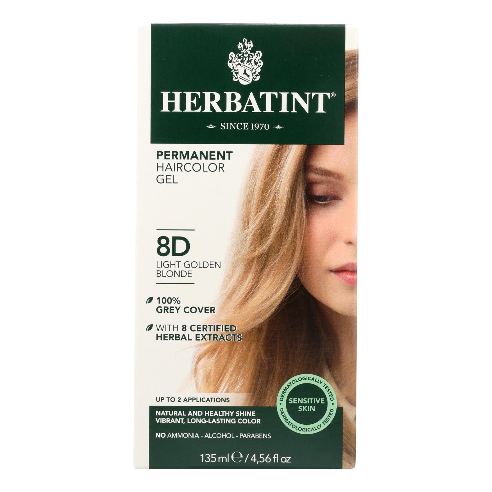 Herbatint Permanent Herbal Haircolor Gel: Vibrant 8D Light Golden Blonde, 135 mL