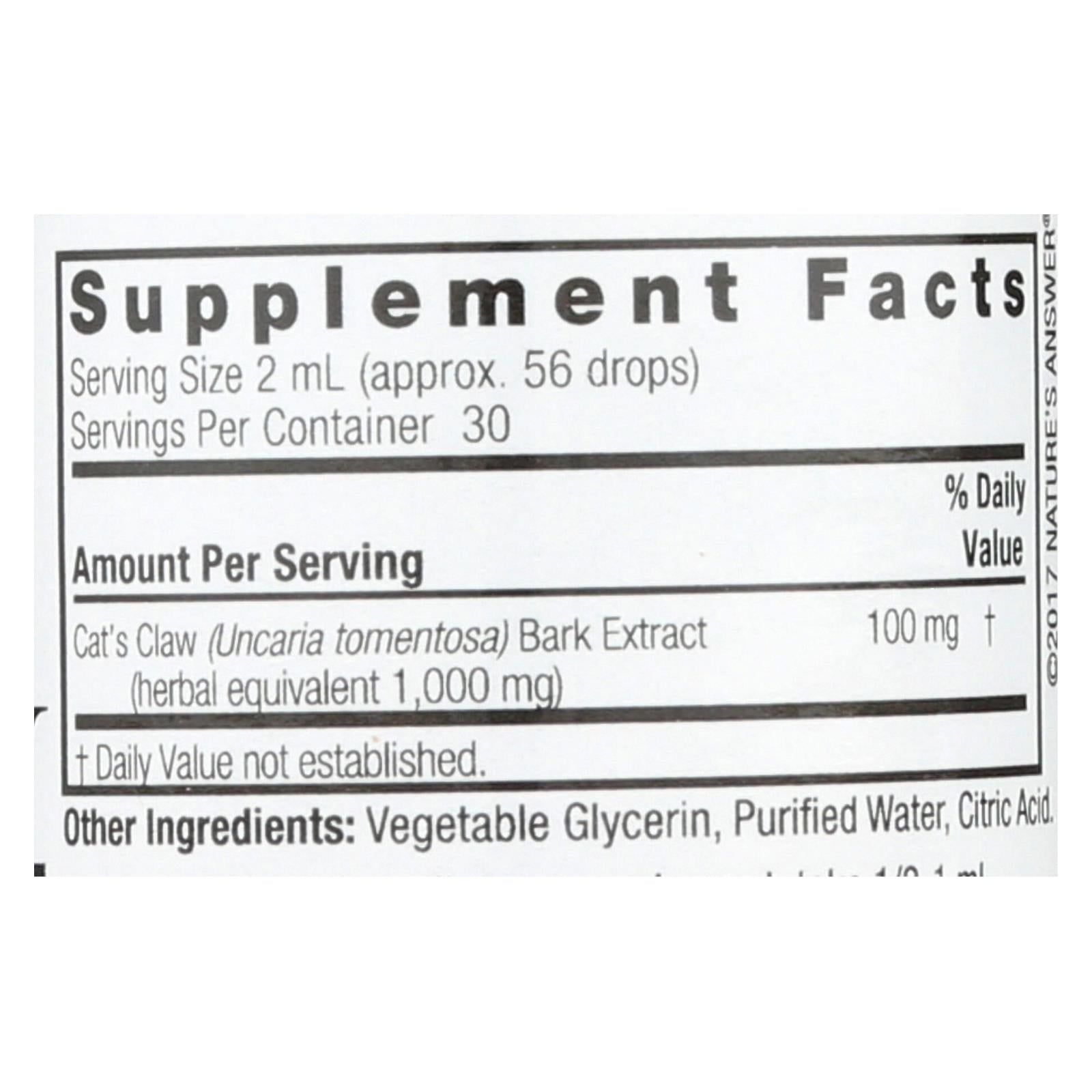 Nature's Answer Cat's Claw Inner Bark Alcohol-Free, 2 Fl Oz
