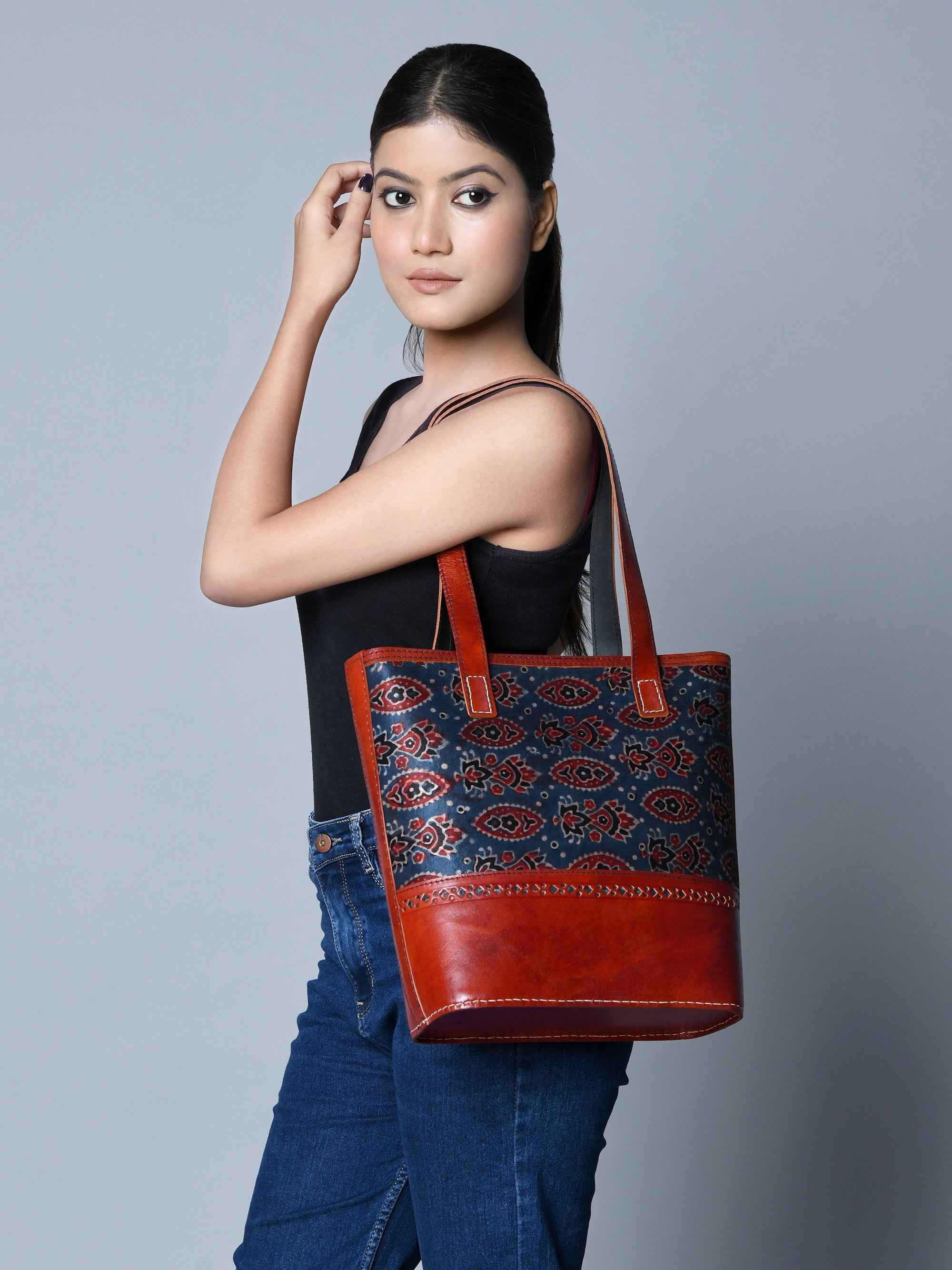 Neela Ajrakh Leather Tote Bag