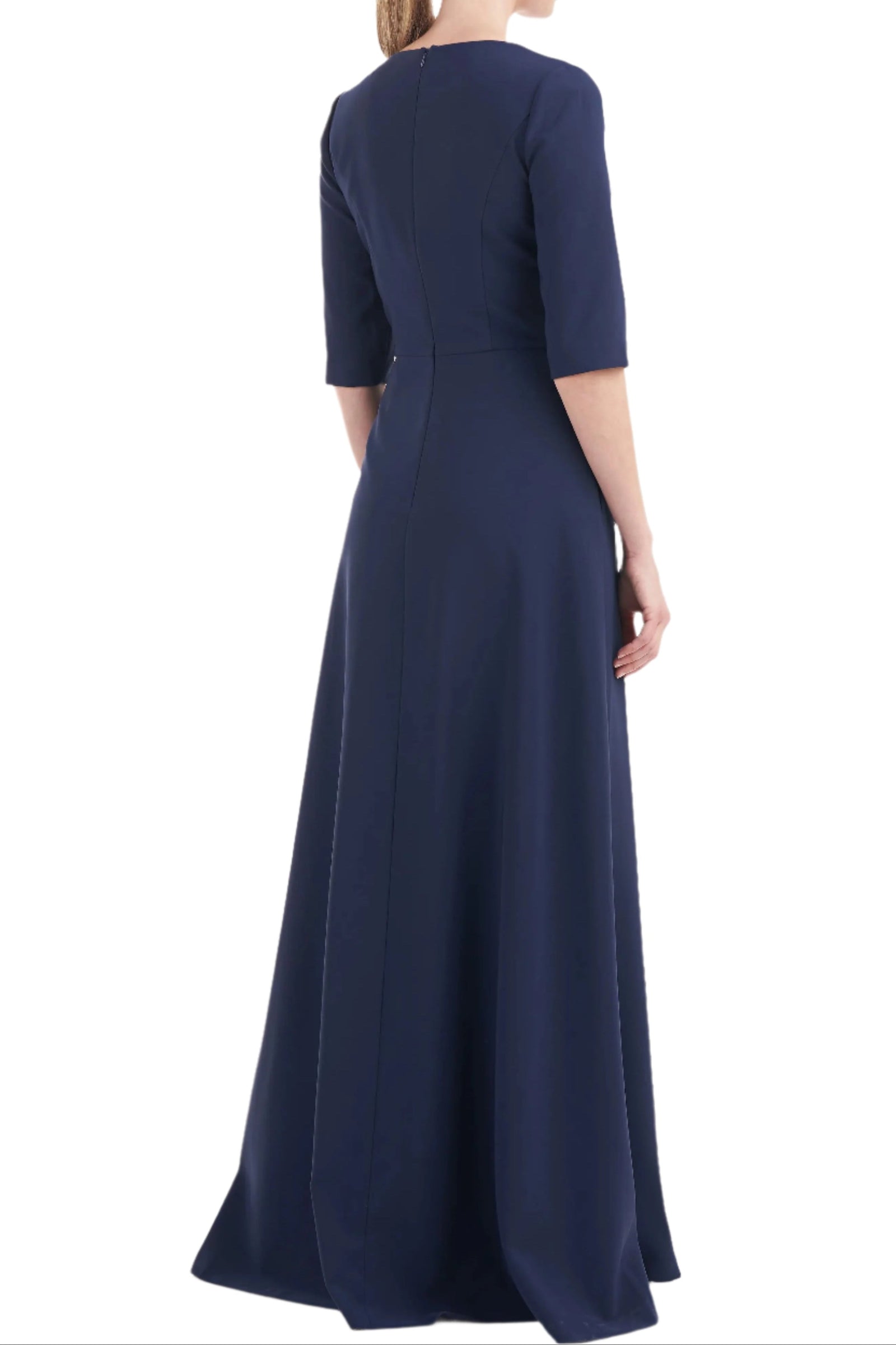 Kay Unger V-Neck 3/4 Sleeve Solid Zipper Back Full-Length Skirt With Walk-Through Front Cutout Crepe Jumpsuit With Pockets
