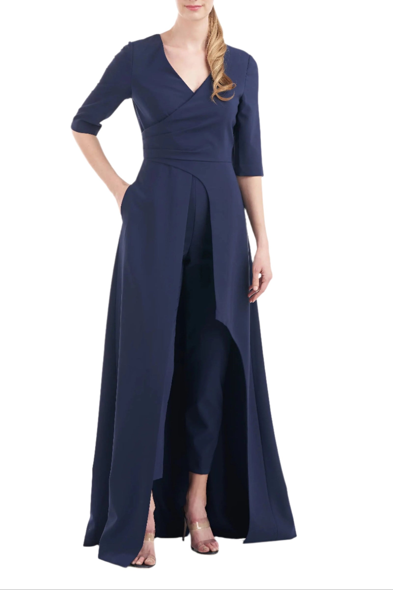 Kay Unger V-Neck 3/4 Sleeve Solid Zipper Back Full-Length Skirt With Walk-Through Front Cutout Crepe Jumpsuit With Pockets