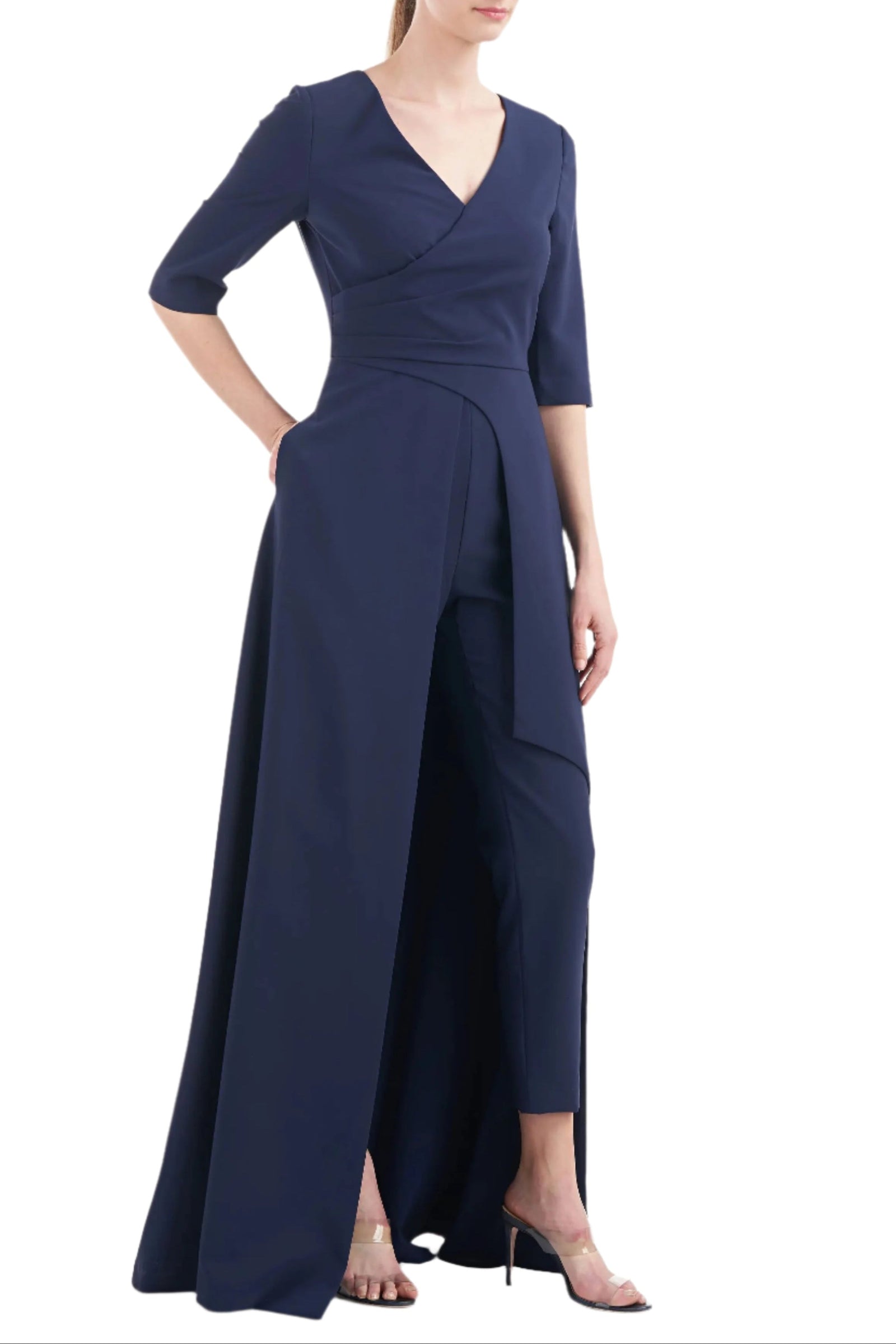 Kay Unger V-Neck 3/4 Sleeve Solid Zipper Back Full-Length Skirt With Walk-Through Front Cutout Crepe Jumpsuit With Pockets